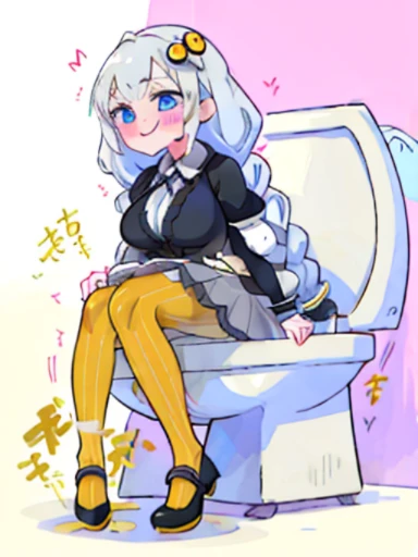 Akari Konusei、1 girl、gray hair、Gray skirt、black high heels、long braids、big breasts、women stink、fart、shyness、blush、Satisfied smile、Gas comes out of the butt、put pressure on your face、lots of gas、Feeling like diarrhea、Sweat、Active、My body trembles、Hip Attack、dynamism、blue eyes、toilet、Sit on the toilet seat、Confined spaces、taking off yellow tights