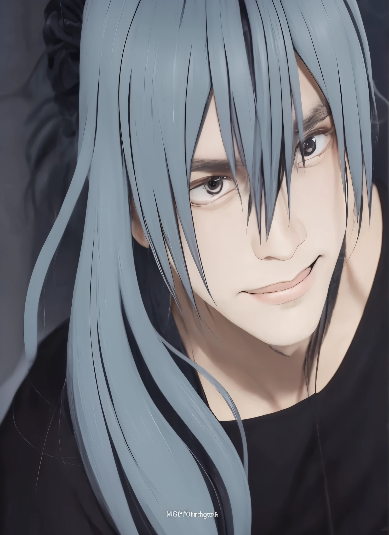 close-up photo of a person with gray hair and black clothes, handsome man Mahito jujutsu kaisen, he has dark gray hair, reincarnated as a realistic cursed spirit