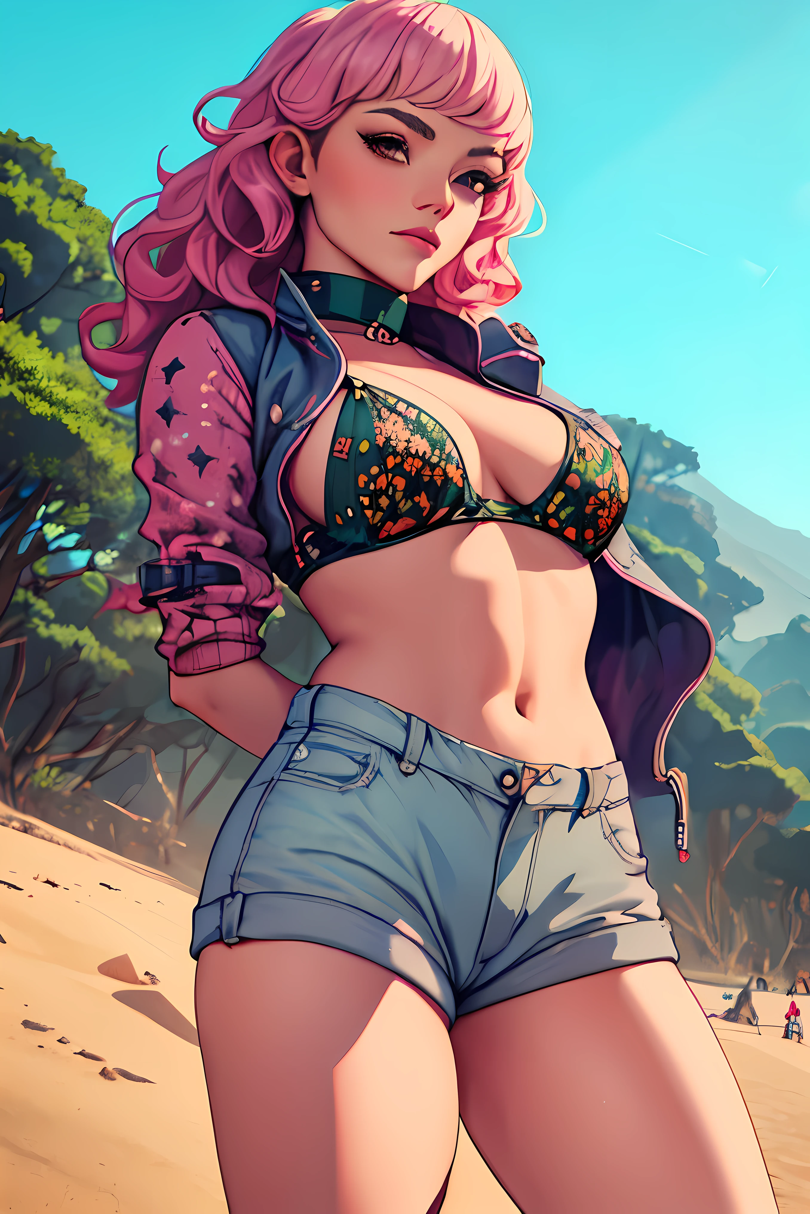 (masterpiece, best quality), young woman, perfect slim fit body, (huge breasts), big gorgeous eyes, soft smile, parted lips, detailed printed micro bikini top, fleece jacket, short shorts, pastel colors, detailed choker, wavy hair, santorini beach, late evening, excellent lighting, bright colors, clean lines, photorealistic