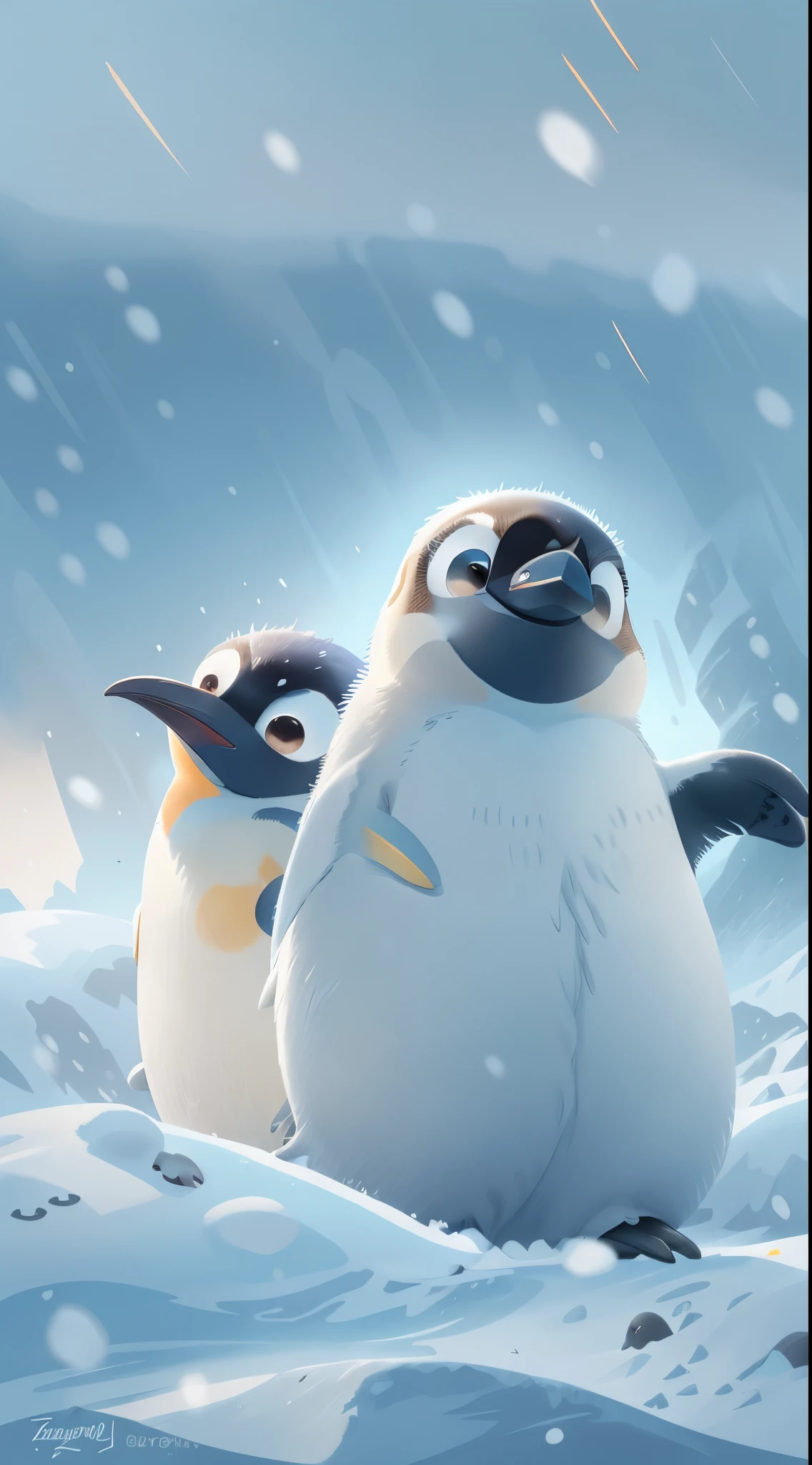 Cute emperor penguins playing in the snow,front view,close up, Pixar style, best quality, stills, very cute, big eyes, ,Very happy,high detail,Super details,high quality, masterpiece, precise,