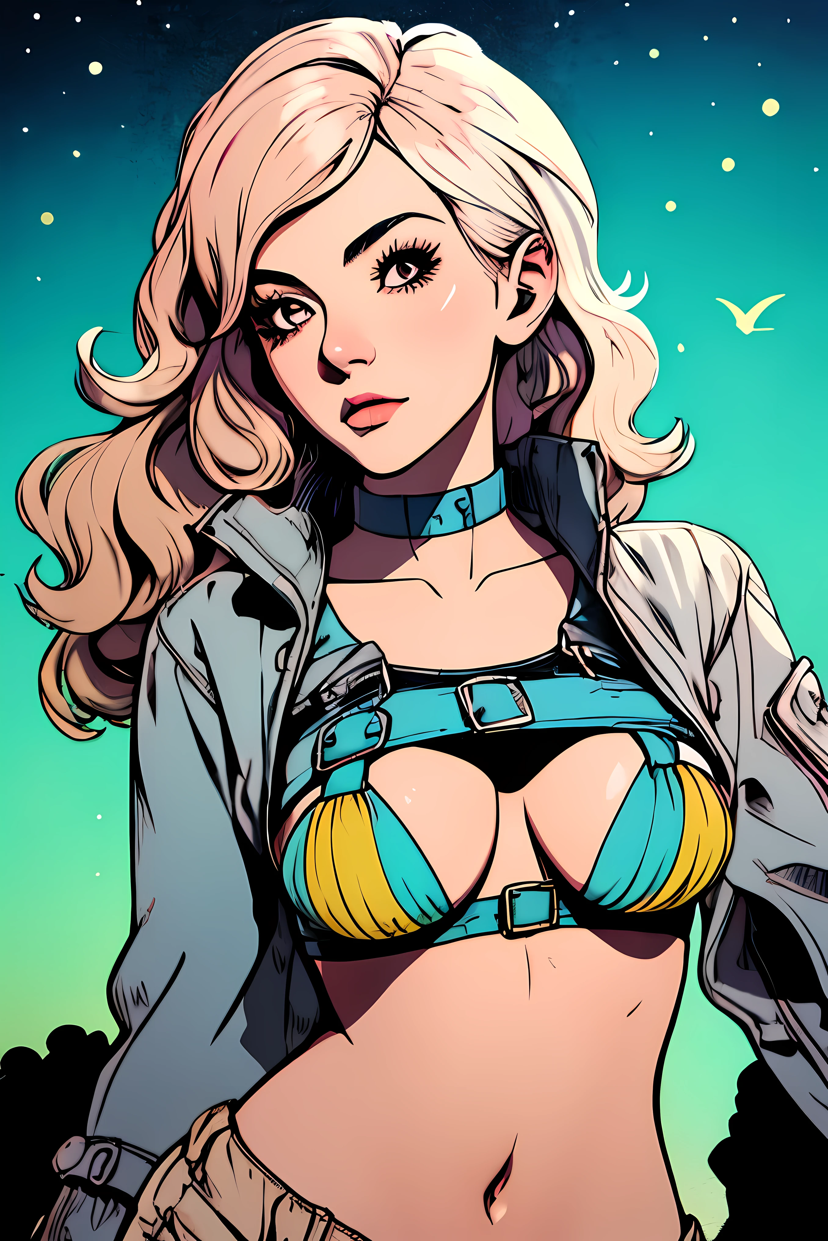 (masterpiece, best quality), young woman, perfect slim fit body, (huge breasts), big gorgeous eyes, soft smile, parted lips, detailed printed micro bikini top, fleece jacket, short shorts, pastel colors, detailed choker, wavy hair, santorini beach, late evening, excellent lighting, bright colors, clean lines, photorealistic