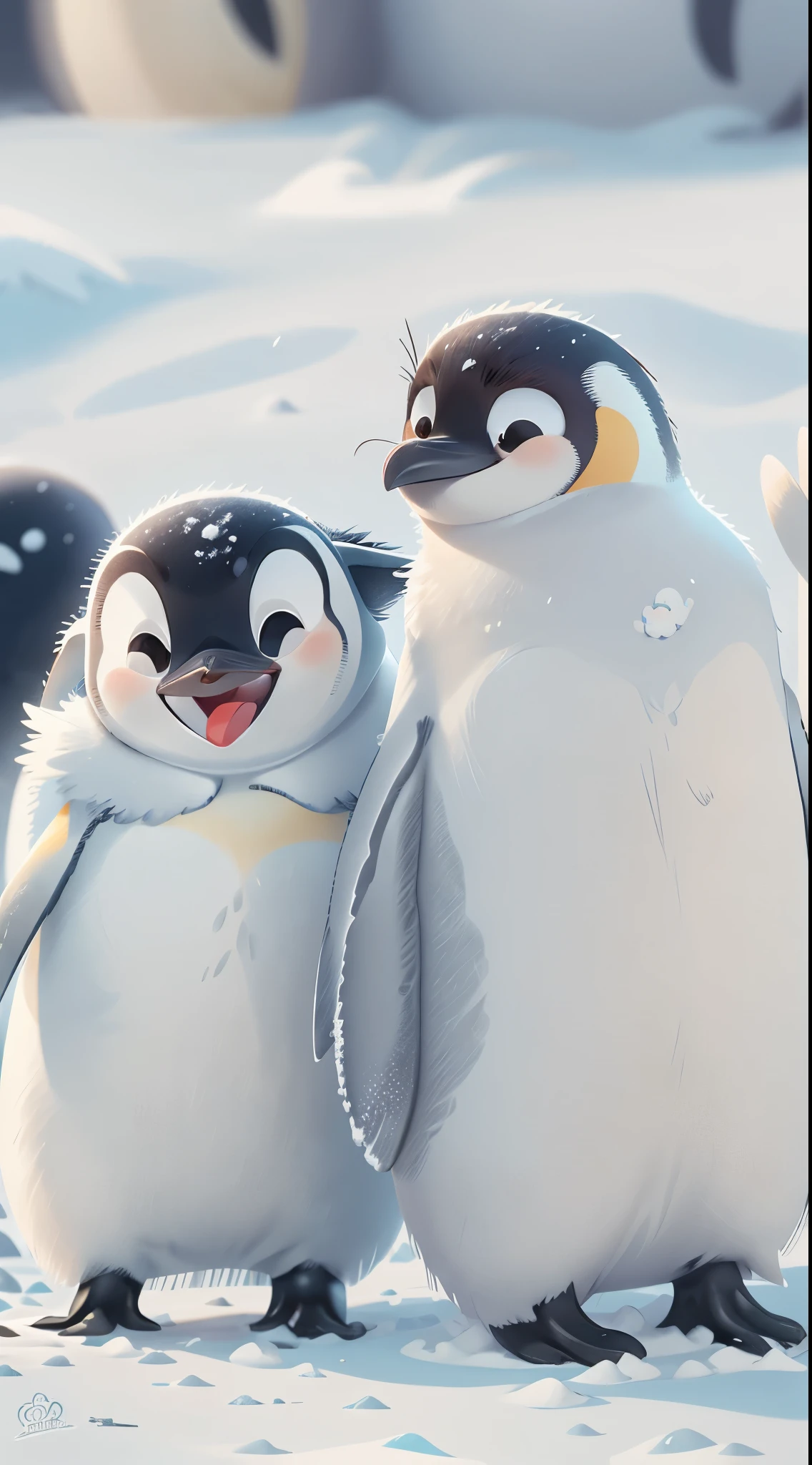  Cute emperor penguins playing in the snow，front view，close up, Pixar style, best quality, stills, very cute, big eyes, ，Very happy，high detail，Super details，high quality, masterpiece, precise, 