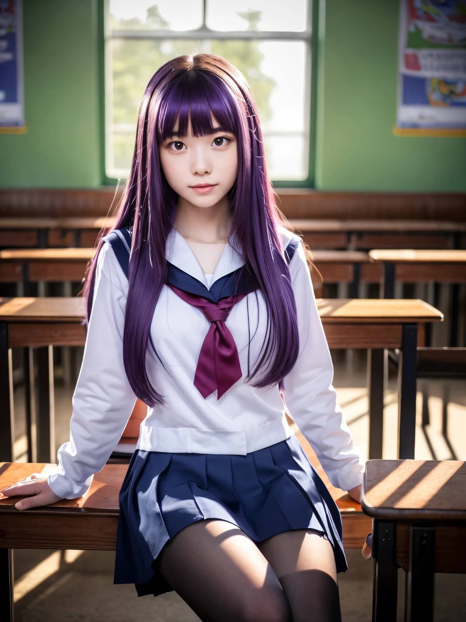 An 18-year-old young woman with long purple hair wearing a sailor suit is sitting in the classroom (school 1.5 in the background) (serious expression, cold 1.5) (highest quality: 1.1) (masterpiece: 1.3) with an unparalleled masterpiece, surreal 8k, perfect artwork, Super detailed, highest quality, masterpiece 4K wallpaper aesthetics, masterpiece, award-winning artwork, official art, cinematic lighting