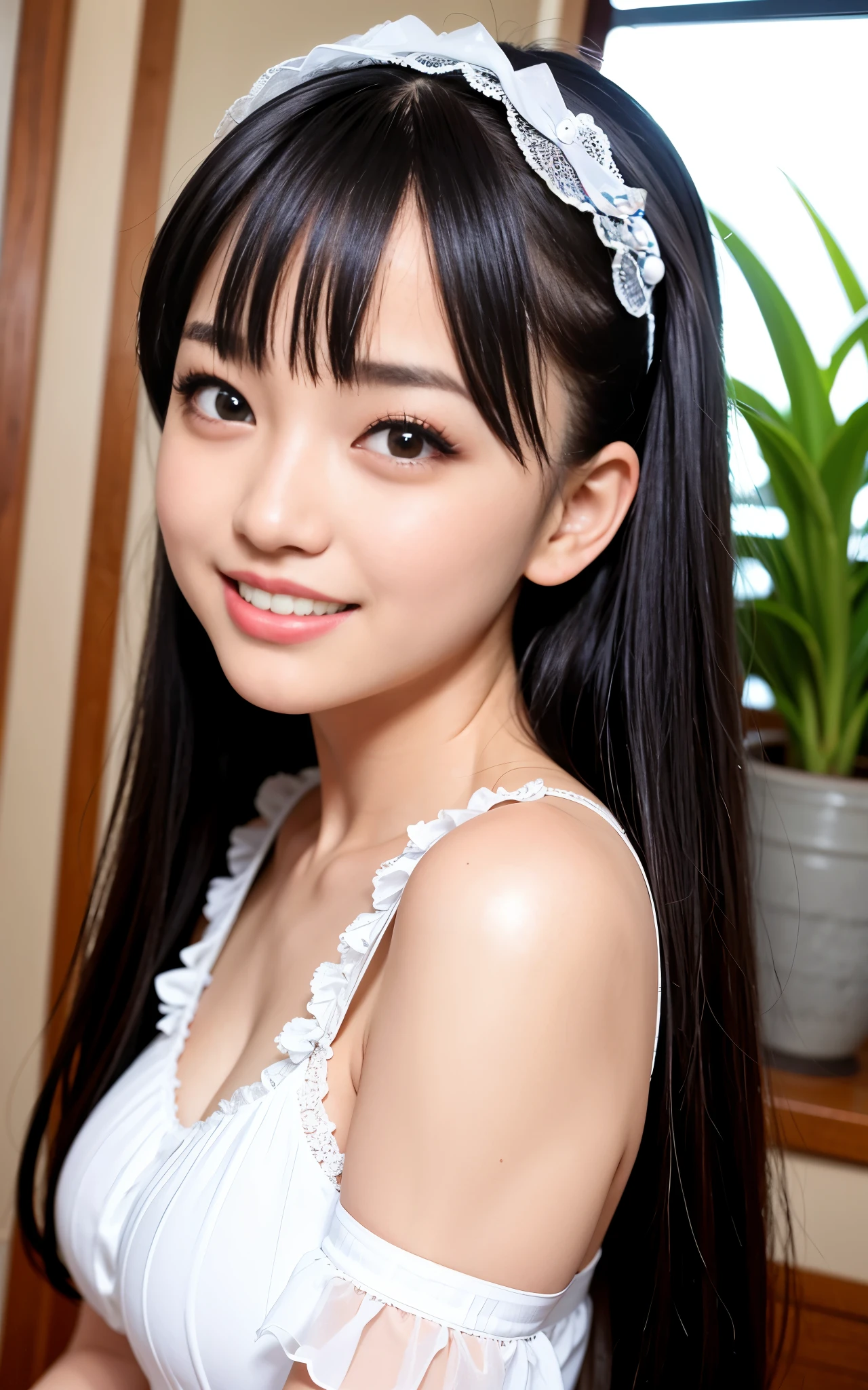 highest quality, figure, super detailed, finely, High resolution, 8k wallpaper, 完璧なダイナミックな構figure, beautiful skin, (Big eyes that shine like jewels), 20 year old beautiful girl, natural color lip, (sexy pose), Chest middle, smile, Highly detailed face and skin texture, Detailed eyes, Double eyelid,leaking teeth and laughing, close-up,   black hair twintails, (White dress:1.2), seaside