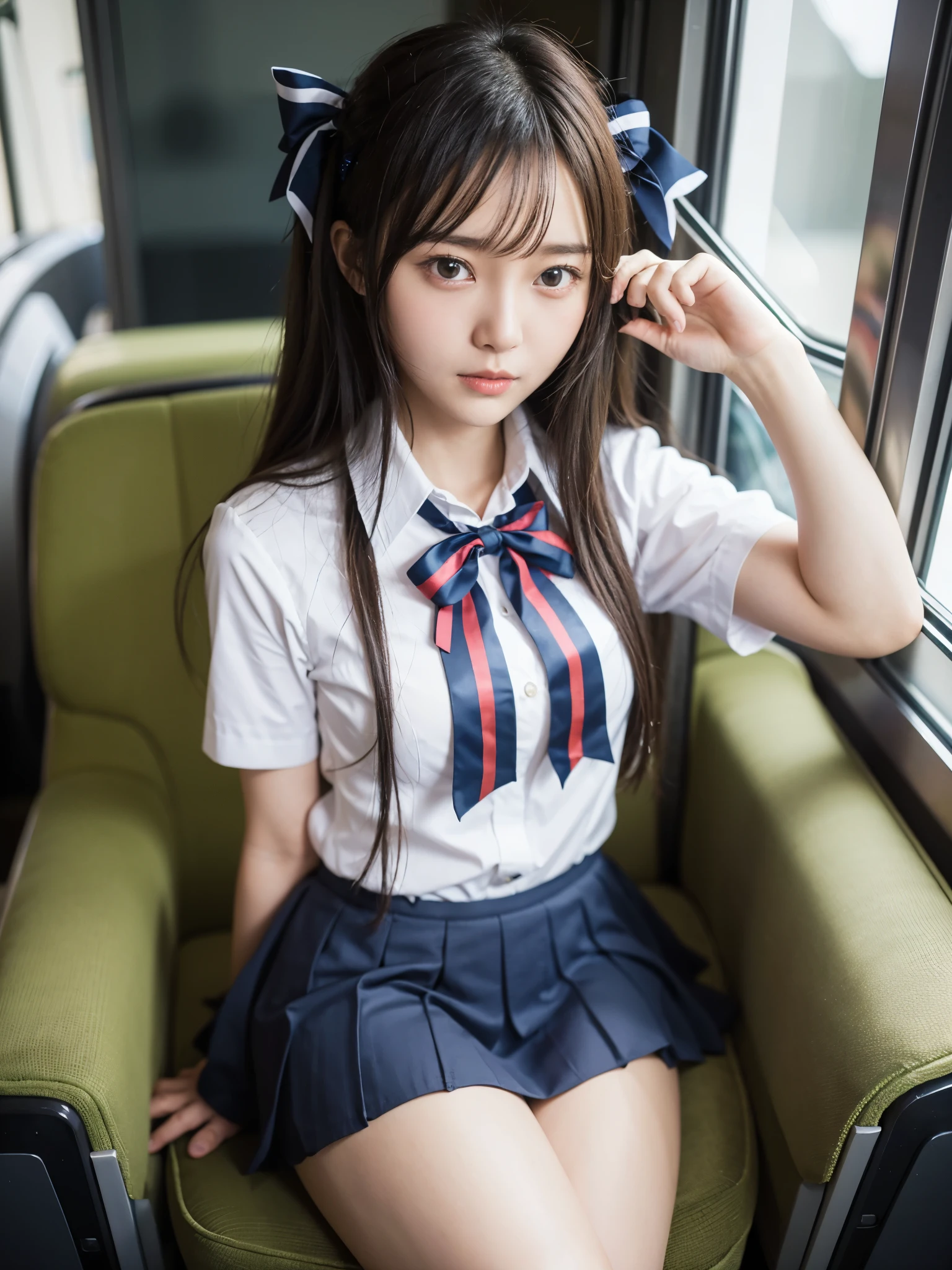high angle shot, An arafed asian woman wearing a short skirt and bow tie is sitting on a train, cute high school girl, japanese girl uniform, wearing japanese school uniform, japanese school uniform, a hyperreal high school girl, dressed like a high school girl, hyperreal high school girl, wearing school uniform, real high school girl, girl in uniform, wearing school uniform, Photo of high school girl posing, whole body, nice skin, glowing skin, nice thighs,Shining thighs, shining legs, barefoot