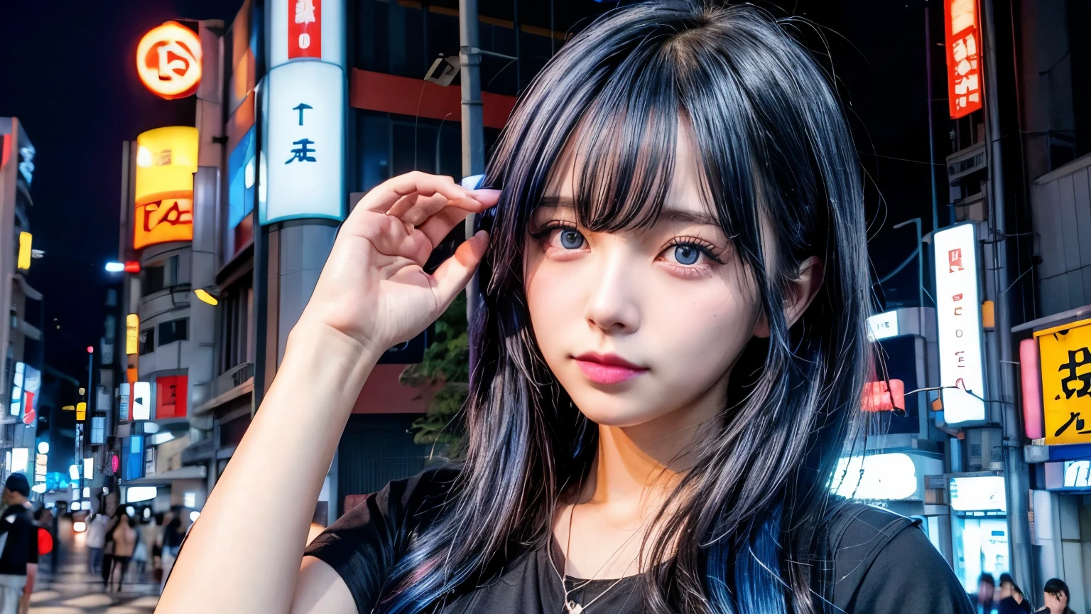ool synthwave girl , dark blue hair , blue eyes , in the tokyo city , midnight time, whole body shot, big brest
