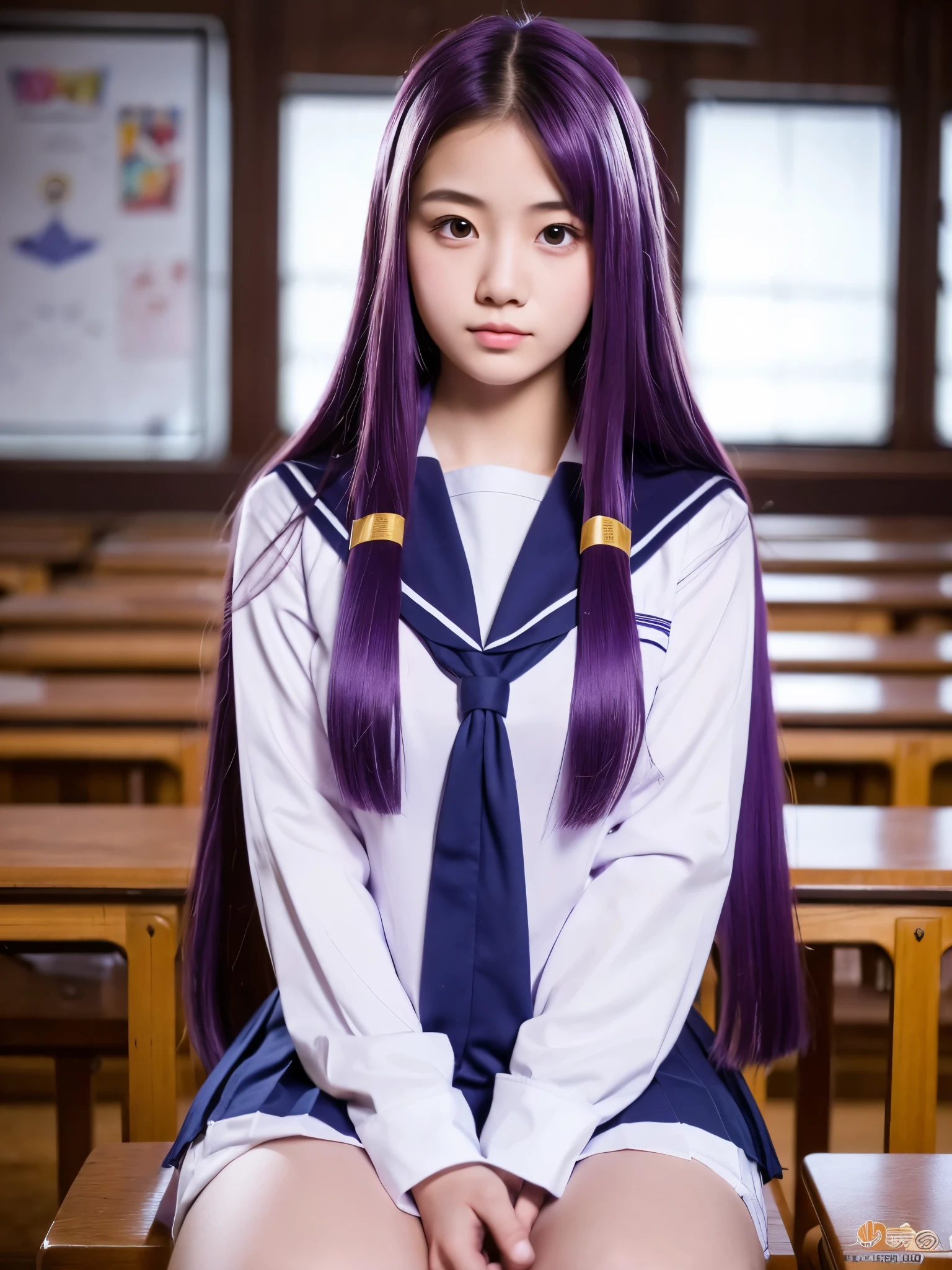 An 18-year-old young woman with long purple hair wearing a sailor suit is sitting in the classroom (school 1.5 in the background) (serious expression, cold 1.5) (highest quality: 1.1) (masterpiece: 1.3) with an unparalleled masterpiece, surreal 8k, perfect artwork, Super detailed, highest quality, masterpiece 4K wallpaper aesthetics, masterpiece, award-winning artwork, official art, cinematic lighting