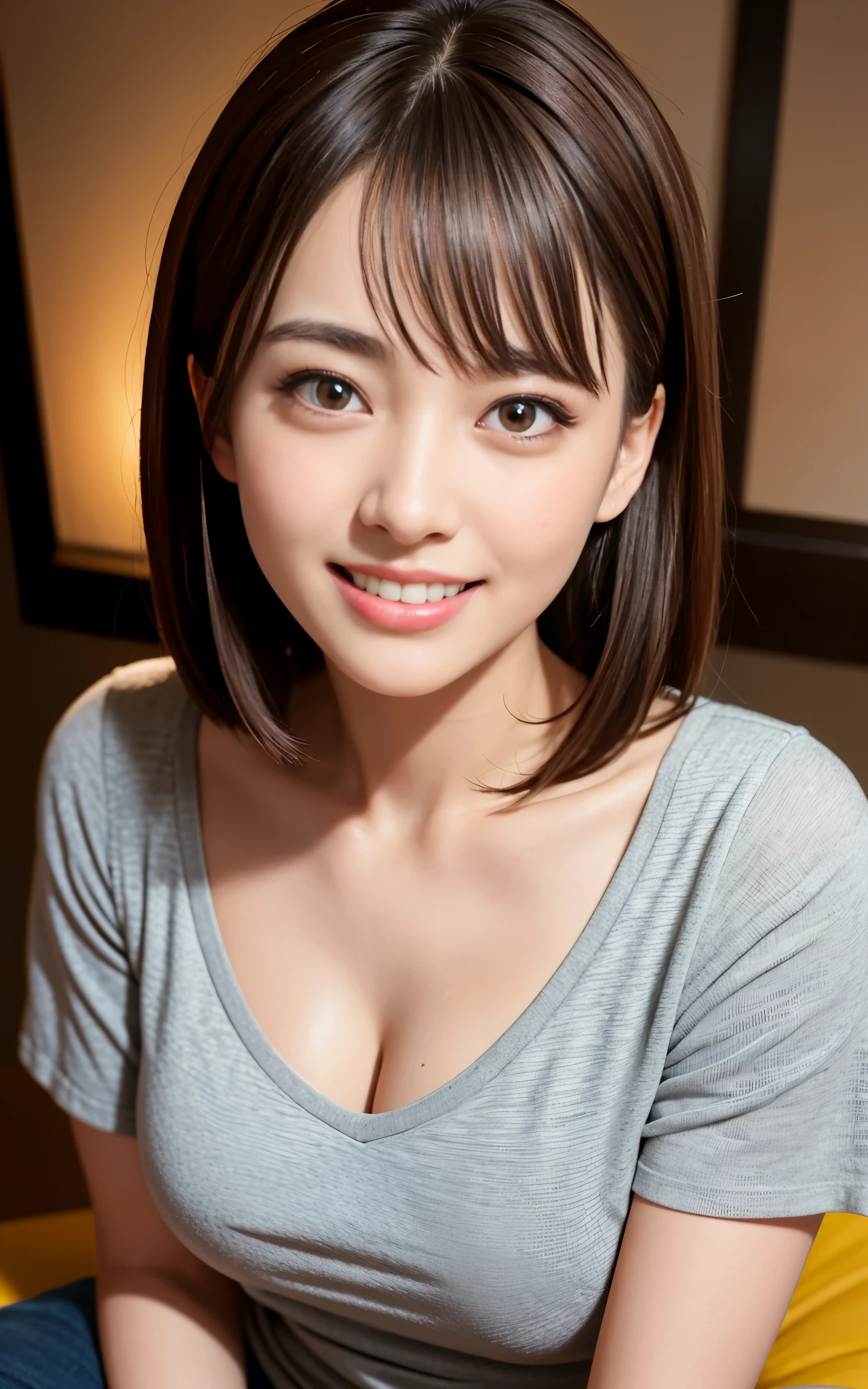 highest quality, figure, super detailed, finely, High resolution, 8k wallpaper, 完璧なダイナミックな構figure, beautiful skin, (Big eyes that shine like jewels), 20 year old beautiful girl, natural color lip, (sexy pose), Chest middle, smile, Highly detailed face and skin texture, Detailed eyes, Double eyelid,leaking teeth and laughing, close-up, overhead shot, Brown hair medium hair, (gray cut shirt:1.2), night view