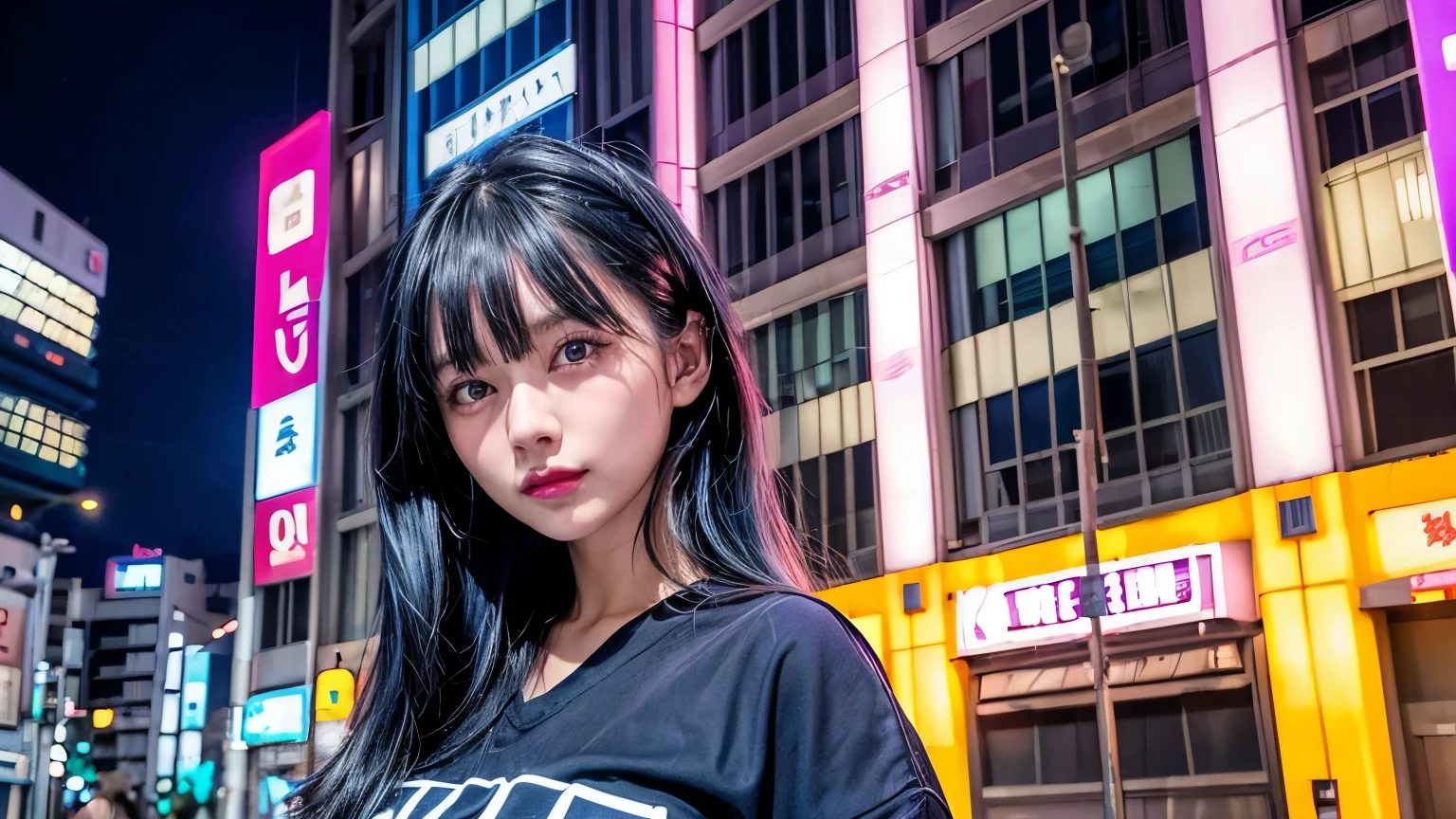 ool synthwave girl , dark blue hair , blue eyes , in the tokyo city , midnight time, whole body shot, big brest
