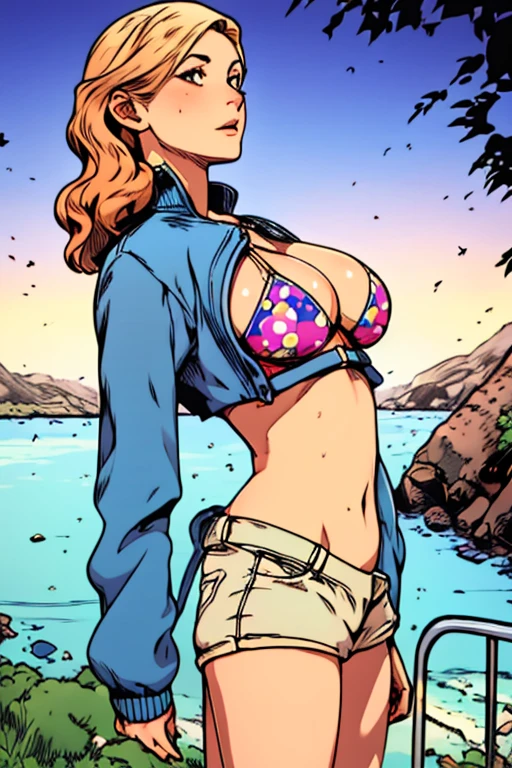 (masterpiece, best quality), young woman, perfect slim fit body, (huge breasts), big gorgeous eyes, soft smile, parted lips, detailed printed micro bikini top, fleece jacket, short shorts, pastel colors, detailed choker, wavy hair, santorini beach, late evening, excellent lighting, bright colors, clean lines, photorealistic