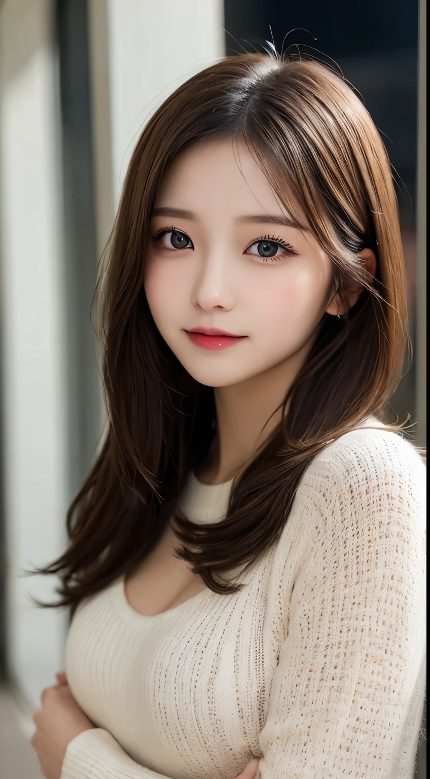 table top, highest quality, shape, Super detailed, finely, High resolution, 8k wallpaper, 完璧なダイナミックな構shape, beautiful and detailed eyes, elegant winter clothes,medium hair,small breasts natural color lip, bold sexy pose,smile、20 year old girl、cute、Sexy looking at camera,night,beautiful and detailed face,elegant face,perfect and beautiful face,Slim face and body,spread your arms wide、background blur