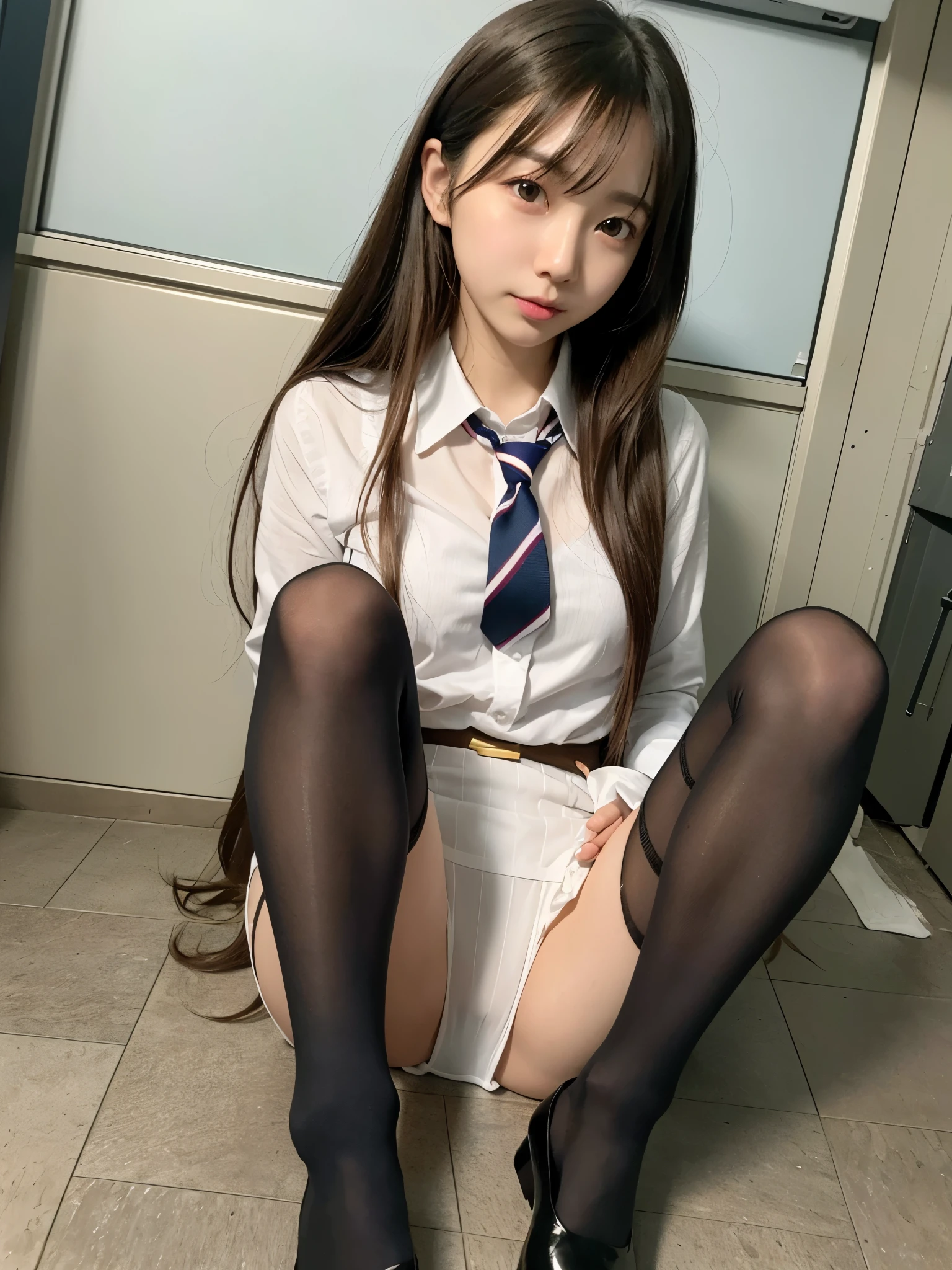 (8K、highest quality、masterpiece:1.2)、(realistic、Photoreal:1.2)、 Phenomenally cute girl、1６Japanese idol、korean idol、15 year old student、laughter、sit on top、(((pantyhose)))、(((spread your legs)))、solo、classroom、looking at the viewer、(get up:1.5)、In the school、My chest is about to burst、fine and beautiful eyes、)、(dark blonde hair:1)、(Hair long hair:1.1)、pantyhose, spread your legs, skirt, school uniform, white panties, socks, black haired, shirt, blurry, blurry背景, knee high, 白のshirt, low person, lively, hair length, lips, brown eyes, 黒のsocks, tie, pleated skirt, bow, headrest, turn to the side, outdoor, brown shoes, masterpiece, highest quality, super detailed、(((pantyhose)))、(((spread your legs)))、inviting eyes