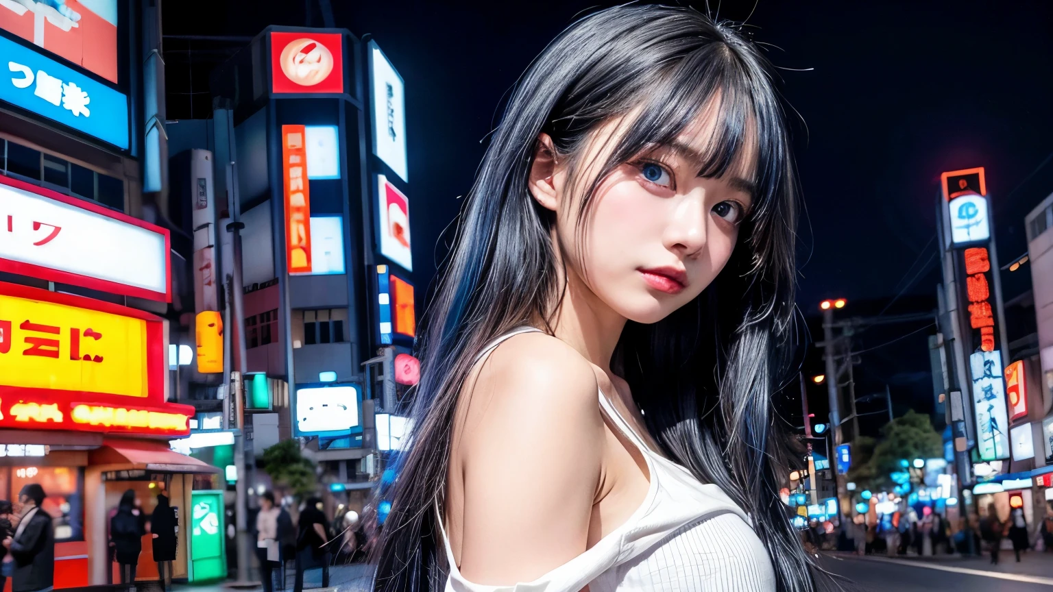 ool synthwave  girl , dark blue hair , blue eyes  , in the tokyo city , midnight time, whole body shot, big brest