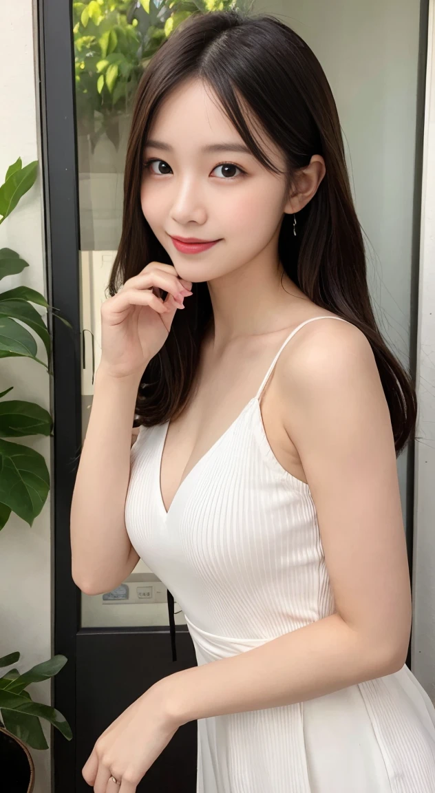 She has long silky black hair, slightly curled at the ends, creating a feminine and graceful beauty. Her eyes are big, bright, showing intelligence and sophistication. She has a tall, delicate nose, along with soft, rosy lips that always have a big smile. Her face is oval in shape, fitting in the golden ratio, providing a balanced and harmonious beauty. She has fair, smooth, spotless skin. She has a well-fitted body, full bust, slim bust, sexy bust. She always dresses elegantly, delicately, to suit each situation and event. She has a positive, healthy lifestyle that cares about herself and others. She is a confident, active and attractive Asian woman.
