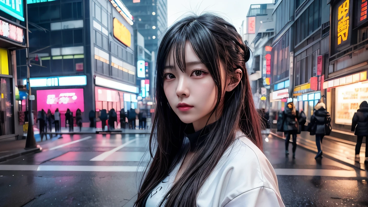 there is a woman standing on the side of the street, cyberpunk art by Yang J, trending on Artstation, realism, artwork in the style of guweiz, anime style. 8k, guweiz, realistic anime 3 d style, trending on cgstation, 🤤 girl portrait, hyper-realistic cyberpunk style, anime style mixed with fujifilm, dreamy cyberpunk girl