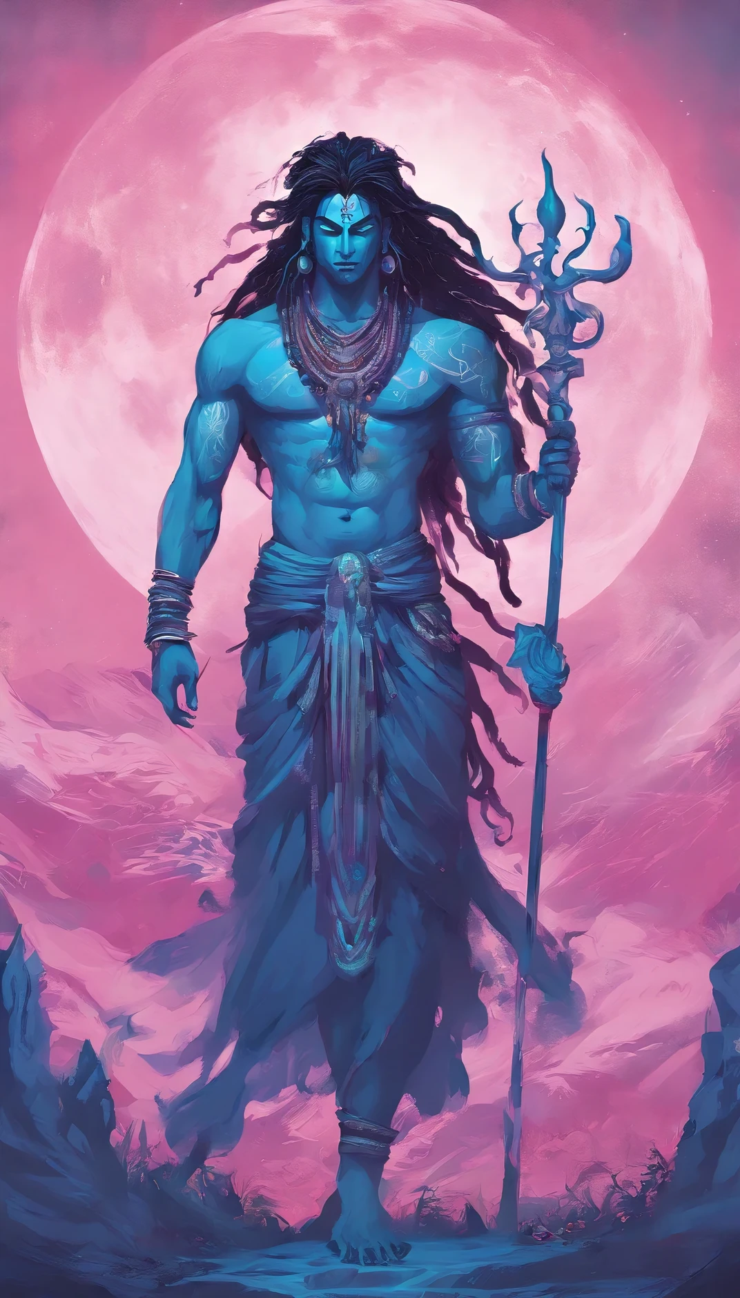 Blue skin,dreadlock hair,Male Lord Shiva,slender,pink there,a moon,florals,natta,chii,