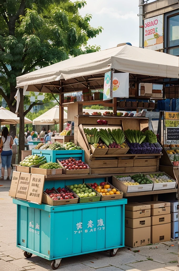 drawing, water colors, outdoor market, 2d design, cute design, illustration, fruit and veggies are inside boxes, mobile game, cheap market