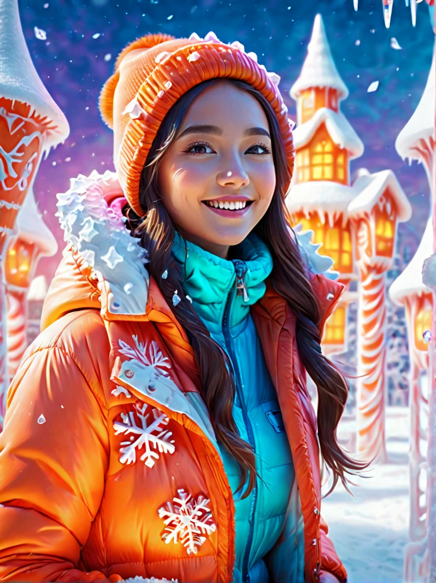 (panoramic:1.5), An imaginative and detailed illustration of a fantasy female friend, depicted as a cute and beautiful girl. Her face is lit up with a happy smile, and she is fashionably dressed in a bright orange puffer jacket. The setting is a magical ice sculpture world, with an icy, snowy landscape filled with snowflakes. The girl is a blend of wisdom, beauty, and diligence, representing a sweet and ideal character. The image is created with creative flair, showcasing the girl enjoying herself in this enchanting, frosty environment, embodying a sense of joy and wonder, (Ultra high saturation, bright and vivid colors: 1.5), (nsfw), (Facing the viewer: 1.5)