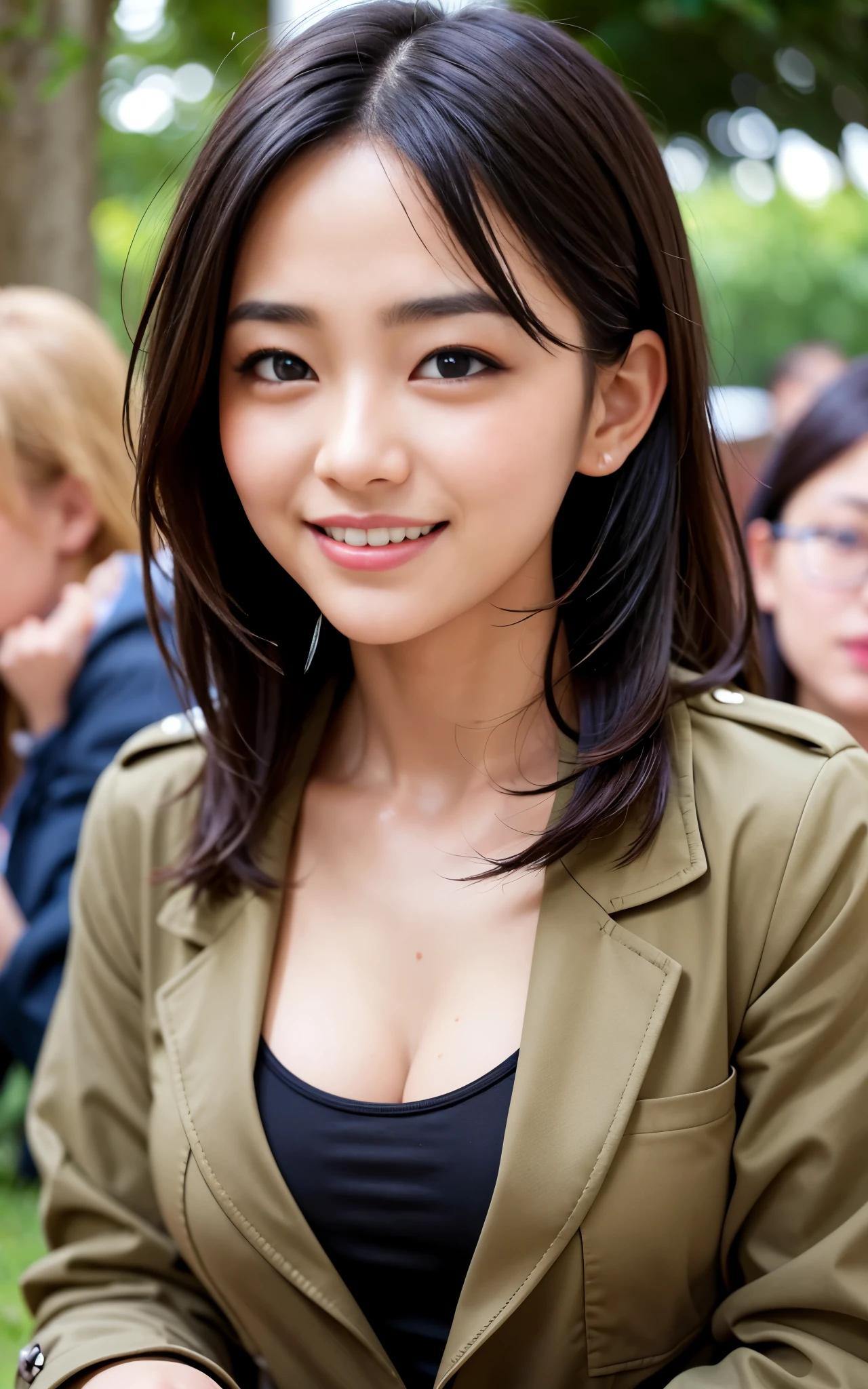 highest quality, figure, super detailed, finely, High resolution, 8k wallpaper, 完璧なダイナミックな構figure, beautiful skin, (Big eyes that shine like jewels), 20 year old beautiful girl, natural color lip, (sexy pose), Chest middle, smile, Highly detailed face and skin texture, Detailed eyes, Double eyelid,leaking teeth and laughing, close-up,   black bob hair, (Khaki jacket), (shirt:1.2), beautiful forest