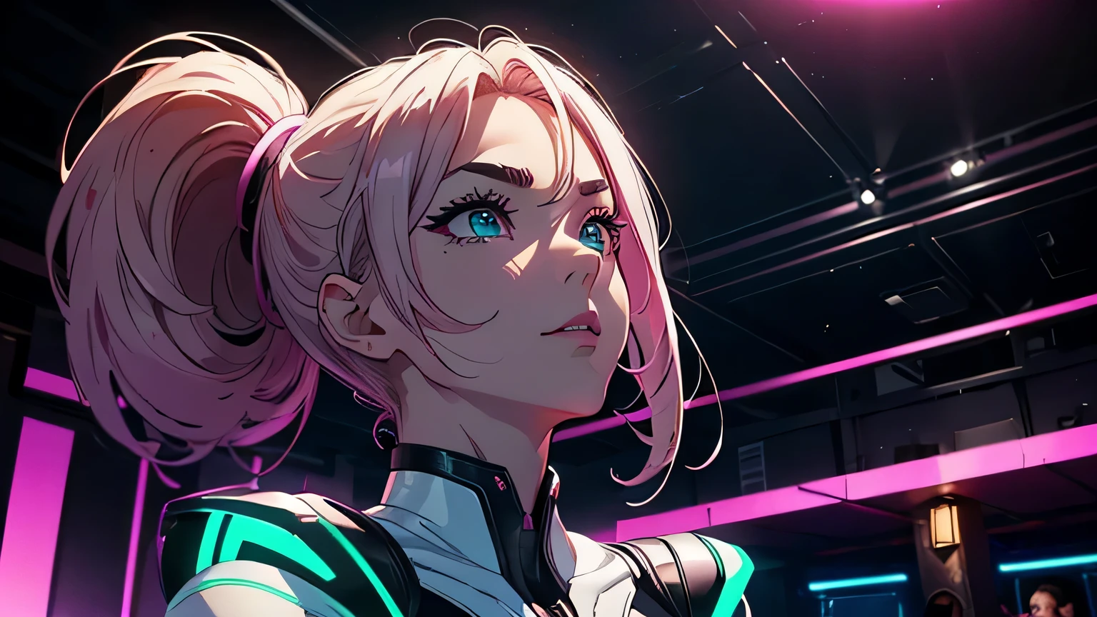 wide shot, 4K, A high resolution, Best quality at best, tmasterpiece, perfect colors, perfect shadow, perfect litthing, ((sportrait)), fit-muscled body, bright green eyes，With round lenses, The audience watched carefully, (s face: 1.2), Perfect female figure,）， ((synthwave suit)), ((looking at viewert)), (Perfect thick white eyebrows) Delicate fur, 详细s face, s the perfect face, At a  in an underground dance club , (Drink a glass of wine while standing), Comfortable background, perfect  decoration, lighting atmosphere, ((Bonifasko lighting)), (The round lenses on his eyes)(詳細な目), Perfect student