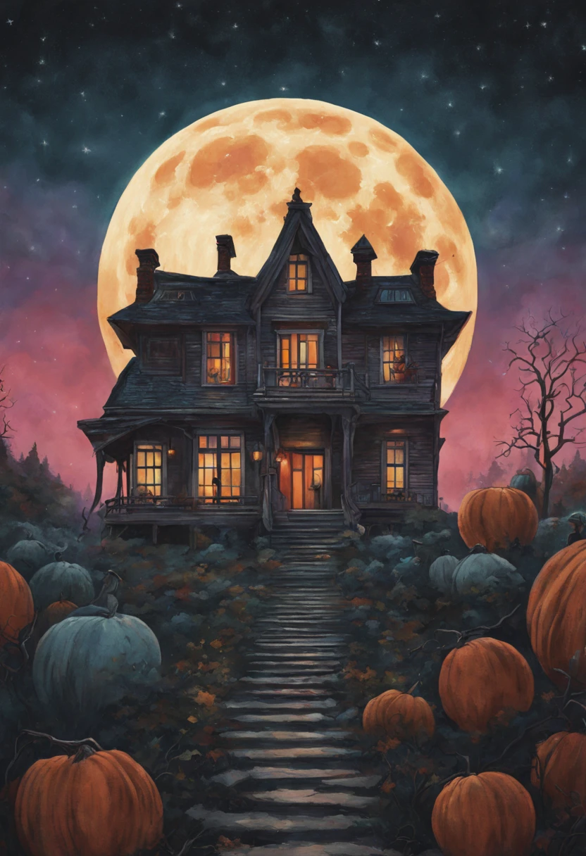 Colorful paintings by Frankstein, Close-up, Three people shuttled through the fog,There are monsters around,Sudi House Hotel,Huge Full Moon,Full moon,Full moon centered on Halloween-themed aesthetics, Nicholas Samori style,filmposter,8K,There are empty seats at the bottom,There are vine decorations,There is a layer of fog near the bottom,There is a starry sky at the top