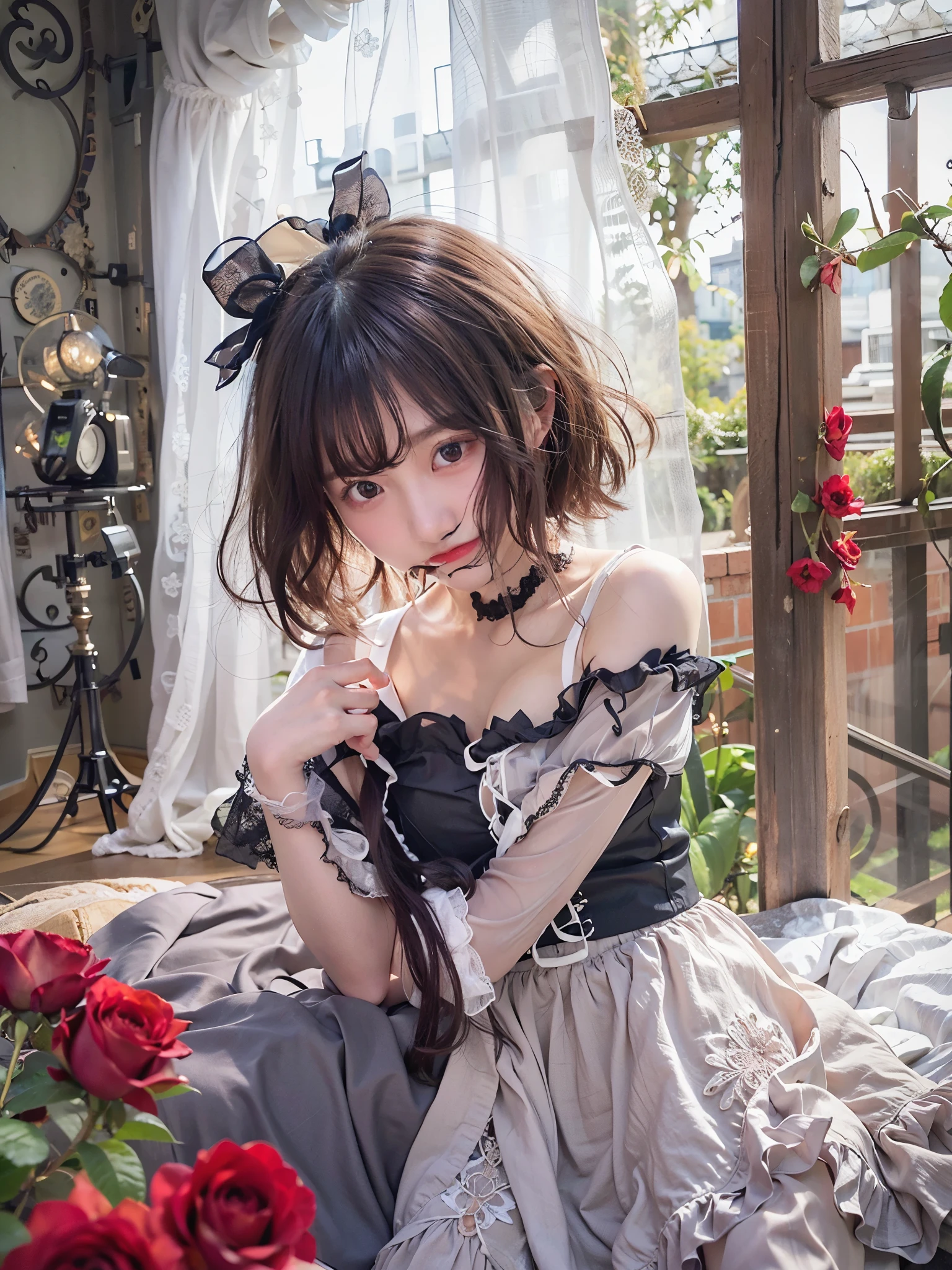 (realistic、Photoreal:1.37)、NSFW, incredibly absurd、(Panty shot), beautiful breasts, (Extremely detailed:1.3)、8K、(masterpiece)、(highest quality:1.4)、(Super high resolution:1.2)、(Raw photo:1.2)、super detailed background、Bedroom, Are sleeping,(unity 8k wallpaper)、1Nogizaka Girl、So cute、beautiful girl、18-year-old、(gothic loli fashion)、(zettai ryouiki:1.4), A delicate and beautiful face, eyes, and skin、Detailed black shiny hair、short bob, Small and medium breasts、cleavage、open chest、elegant frills、 frilled tie、ribbon tie、rose hair accessories、delicate lace、soft fabric、beautiful rose pattern dress、smile at the camera、cowboy shot、european castle landscape、professional lighting