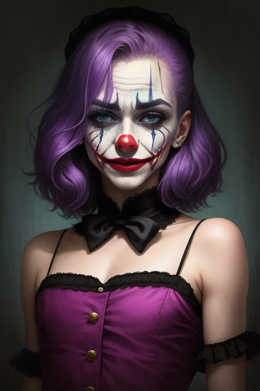 a clown who has features of the Joker with unique makeup, purple hair, a scar on his face, a wider smile, looks scarier and has a red nose, he looks exactly like Lee Miller, who had fallen as a hell in a dark