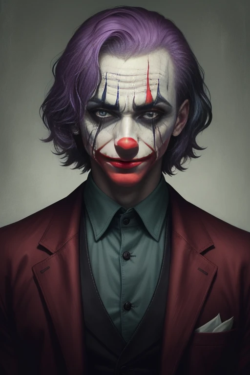 a clown who has features of the Joker with unique makeup, purple hair, a scar on his face, a wider smile, looks scarier and has a red nose, he looks exactly like Lee Miller, who had fallen as a hell in a dark