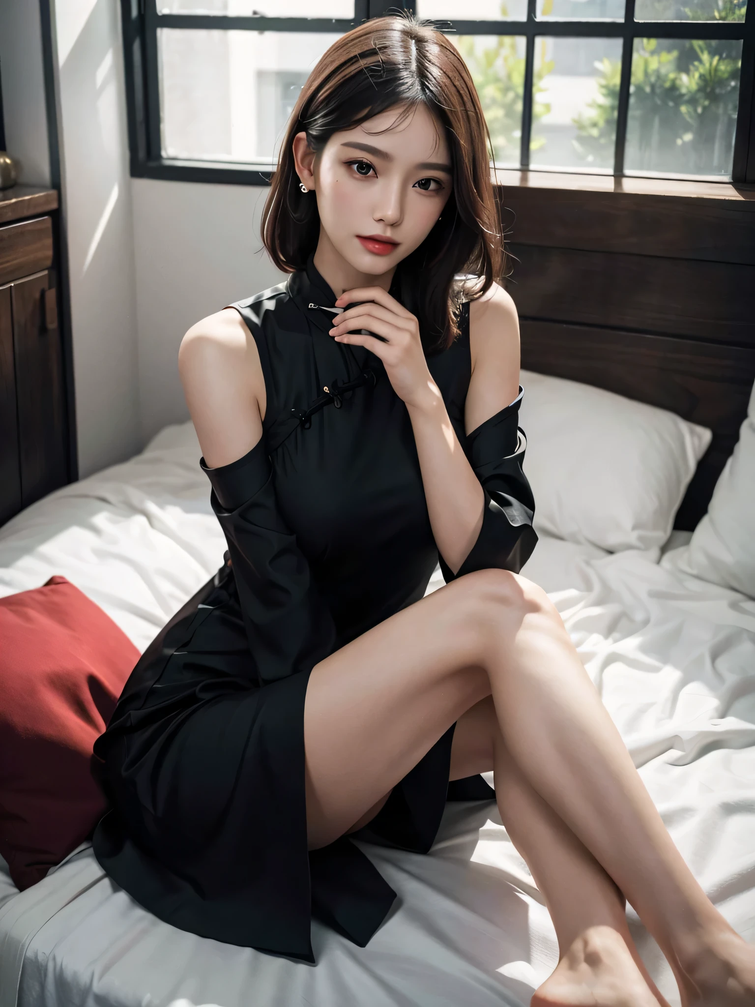 Cheongsam beauty,Long legs(tmasterpiece,best qualtiy,realisticlying:1.37),(Complex and sophisticated,Highly detailed skin and face),((Best quality))), (((Masterpiece))), ultra fine photos, whole body picture,Unreal Engine 5 8K UHD, ,gentlesoftlighting,8k wallpaper,Solidarity,art stations,High resolution CG