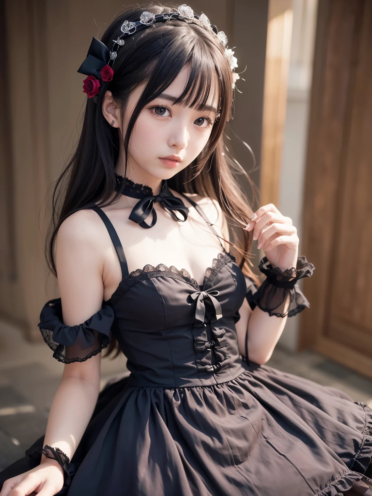 1 nogizaka girl, So cute, bishojo, 14, (gothic loli fashion), A delicate and beautiful face, eyes, and skin, dense black shiny hair, elegant frills, frilled tie, ribbon tie, rose hair accessories, (smile at the camera), (cowboy shot), (european castle), professional lighting, break, (realistic, photo-realistic:1.37), 8K, (masterpiece), (highest quality:1.4), (ultra high resolution:1.2), (RAW photo:1.2), (a dress with delicate lace, soft fabric, and a beautiful rose pattern), perfect anatomy, 4 fingers and 1 thumb, super detailed background, (unity 8K wallpaper)