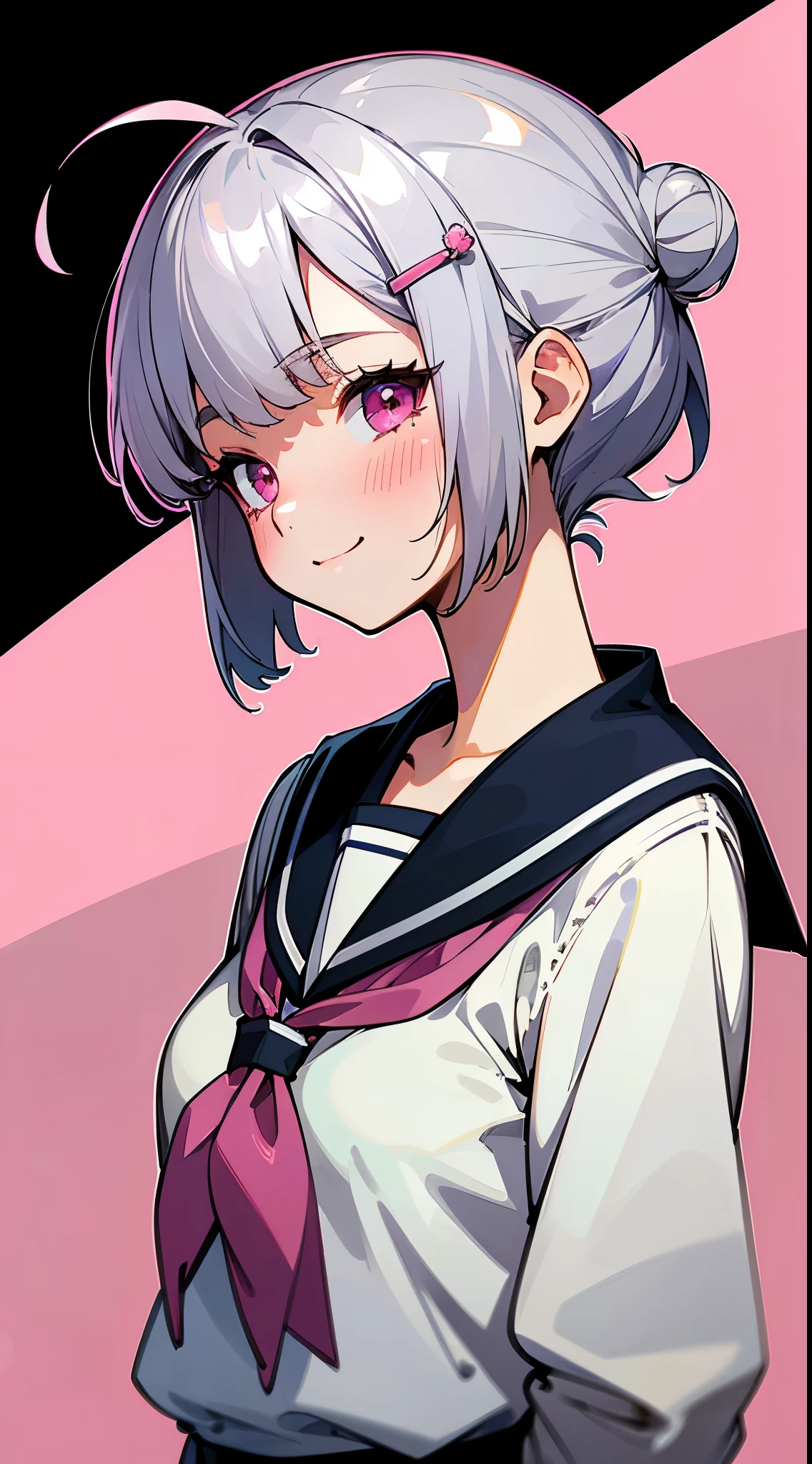 (highest quality、High resolution:1.2)、Silver-haired schoolgirl、Short silver bob hair tied into a bun with a hair clip、pink eyes、blush、smile、profile、turn your arms behind your back:1.2、Upper body close-up、sailor school uniform、Sakura Park、sharp outline、tomboy、boyish、highest quality、masterpiece