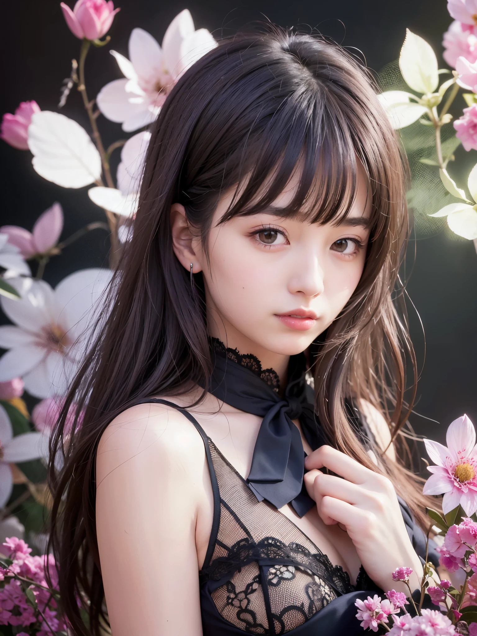 (realistic, photo-realistic:1.37), incredibly absurd, (Extremely detailed:1.3), 8K, (masterpiece), (highest quality:1.4), (ultra high resolution:1.2), (RAW photo:1.2), super detailed background, (unity 8K wallpaper), 1 nogizaka girl, So cute, bishojo, 15 years, (gothic fashion), A delicate and beautiful face, eyes, and skin, dense black shiny hair, Small~medium chest, cleavage, open chest, elegant frills, frilled tie, ribbon tie, hydrangea hair accessories, a dress with delicate lace, soft fabric, and a beautiful rose pattern, smile at the camera, cowboy shot, european castle landscape, professional lighting