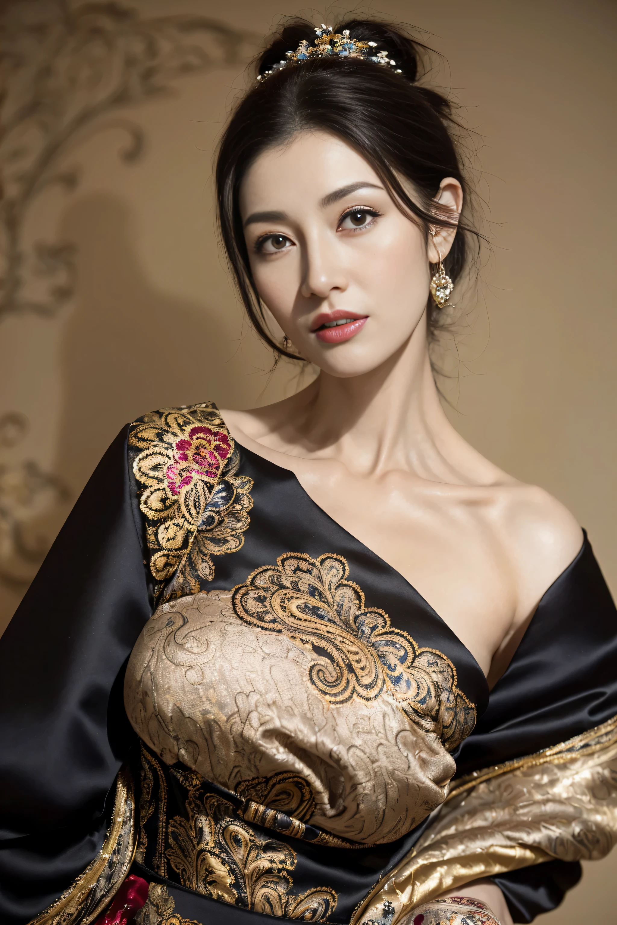 nice images, clear focus, Rembrandt'perfect brown eyes, bright red lips, black hair, Home, Look head-on, full pose, wonderful faces.., look beautiful.., black dress,Elegant details, paisley gold design, my hair is more elegant., extra focus, Radiant face, Detailed face, 8K resolution, painted, Razumov style and Garmash style.