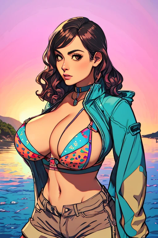 (masterpiece, best quality), young woman, perfect slim fit body, (huge breasts), big gorgeous eyes, soft smile, parted lips, detailed printed micro bikini top, fleece jacket, short shorts, pastel colors, detailed choker, wavy hair, santorini beach, late evening, excellent lighting, bright colors, clean lines, photorealistic