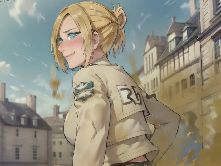 ((annie)),((velocity)),Attacked by farts, (((Women stand)),velocity, blue eyes,detailed eyes),(frowned),her butt facing screen,classic city streets)),((One Woman)),((girl wear a scout regiment outfit),((A girl smells a fart and smiled shyly )),((fart while stand)),((blushing)),(masterpiece:1.2、top-quality)、(the Extremely Detailed CG Unity 8K Wallpapers、ultra-detailliert、Best Shadows)、(细致背景)、(The best lighting、extremely delicate and beautiful)、depth of fields、1girl in、独奏 ,Women,((((Girl is embarassed when she farting)))),(profile facing diagonally)))),((massive fart))