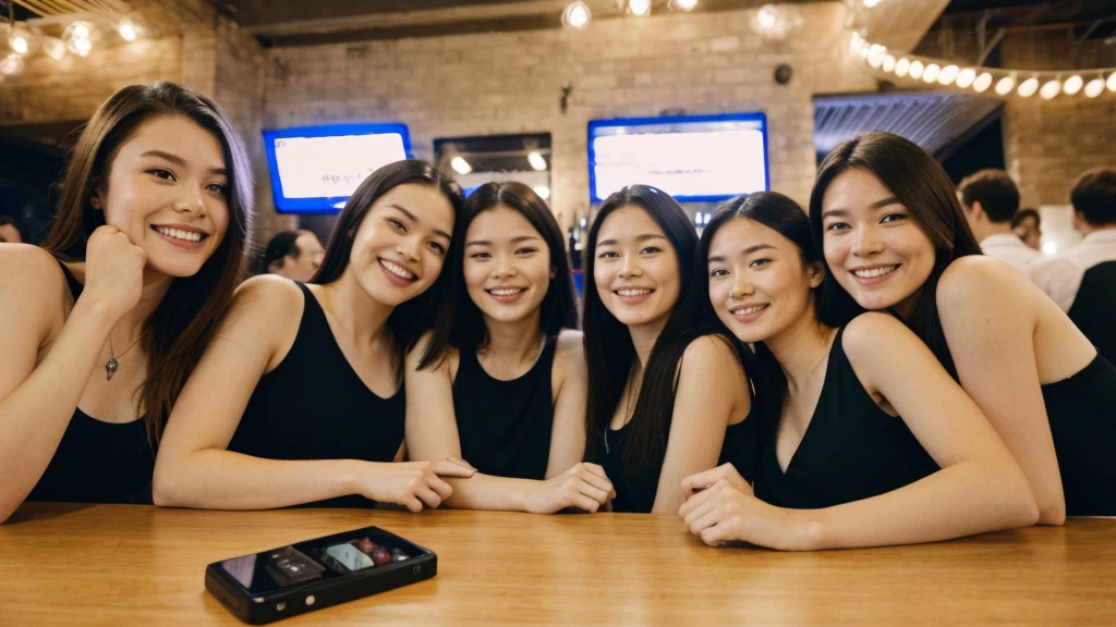 still raw, photograph taken with a phone, camera with a small sensor, selfie photo of a group of friends, in a bar, everyone happy, night party, photorealistic, 18k
