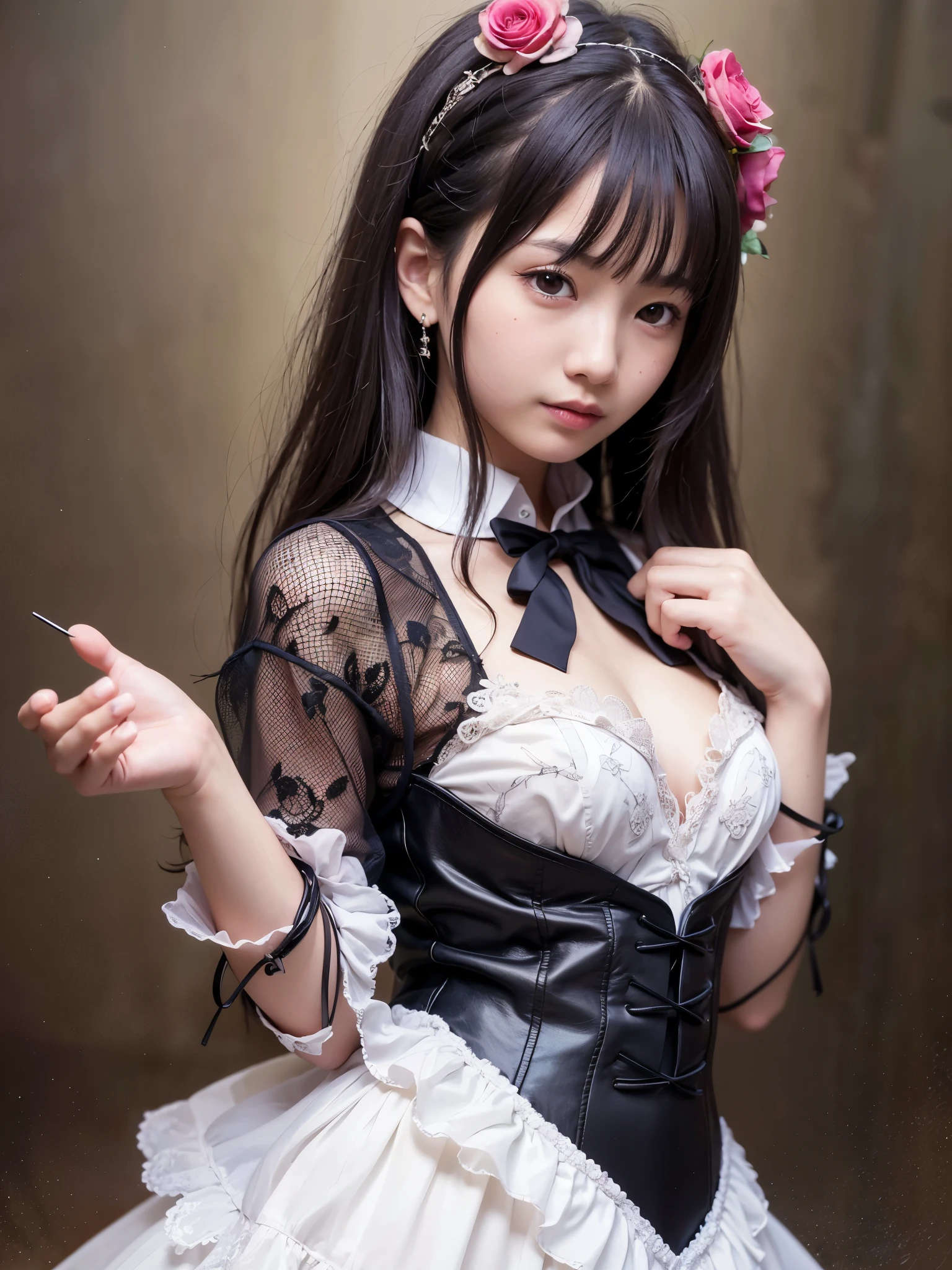 1 Nogizaka Musume、very cute、beautiful girl、19 years old、(gothic loli fashion)、blonde、looking at the viewer、beautiful face, Exquisite details of eyes and skin、fine black shiny hair、Classy ruffles、frilled tie、ribbon tie、rose hair accessories、(smile at the camera)、(close up shot)、(sea of europe)、professional lighting、break、(realistic、Photoreal:1.37)、8K、(masterpiece)、(highest quality:1.4)、(Super high resolution:1.2)、 (Raw photo:1.2)、(delicate lace、soft fabric、beautiful rose pattern dress)、perfect anatomy、4 fingers and 1 thumb、seaside background、(Wallpaper by Unity 8K)