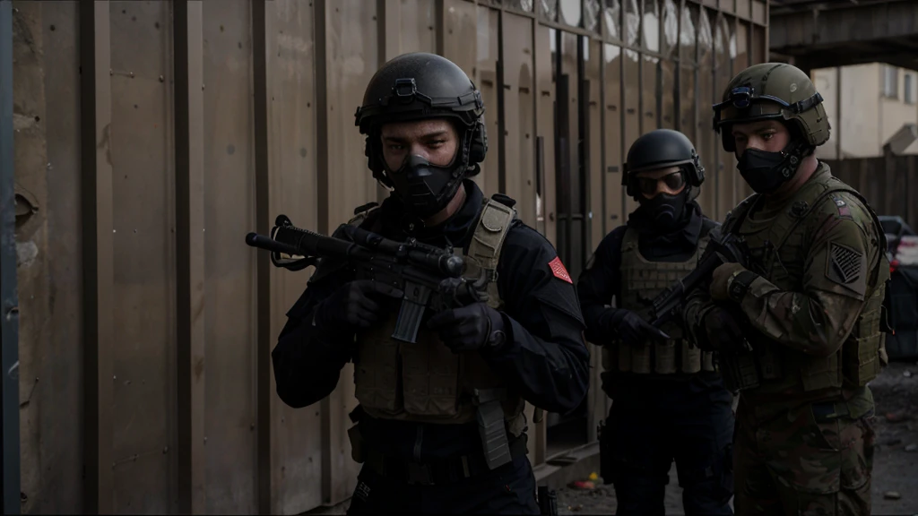 soldiers in full gear with weapons and helmets standing in front of a red building, airsoft cqb, french special ops, airsoft close quarter combat, cinematic —ar 16:9, tactical team in hell, future combat gear, wearing tactical gear, cinematic shot ar 9:16 -n 6 -g, special forces security, future soldier clothing, spec ops mask