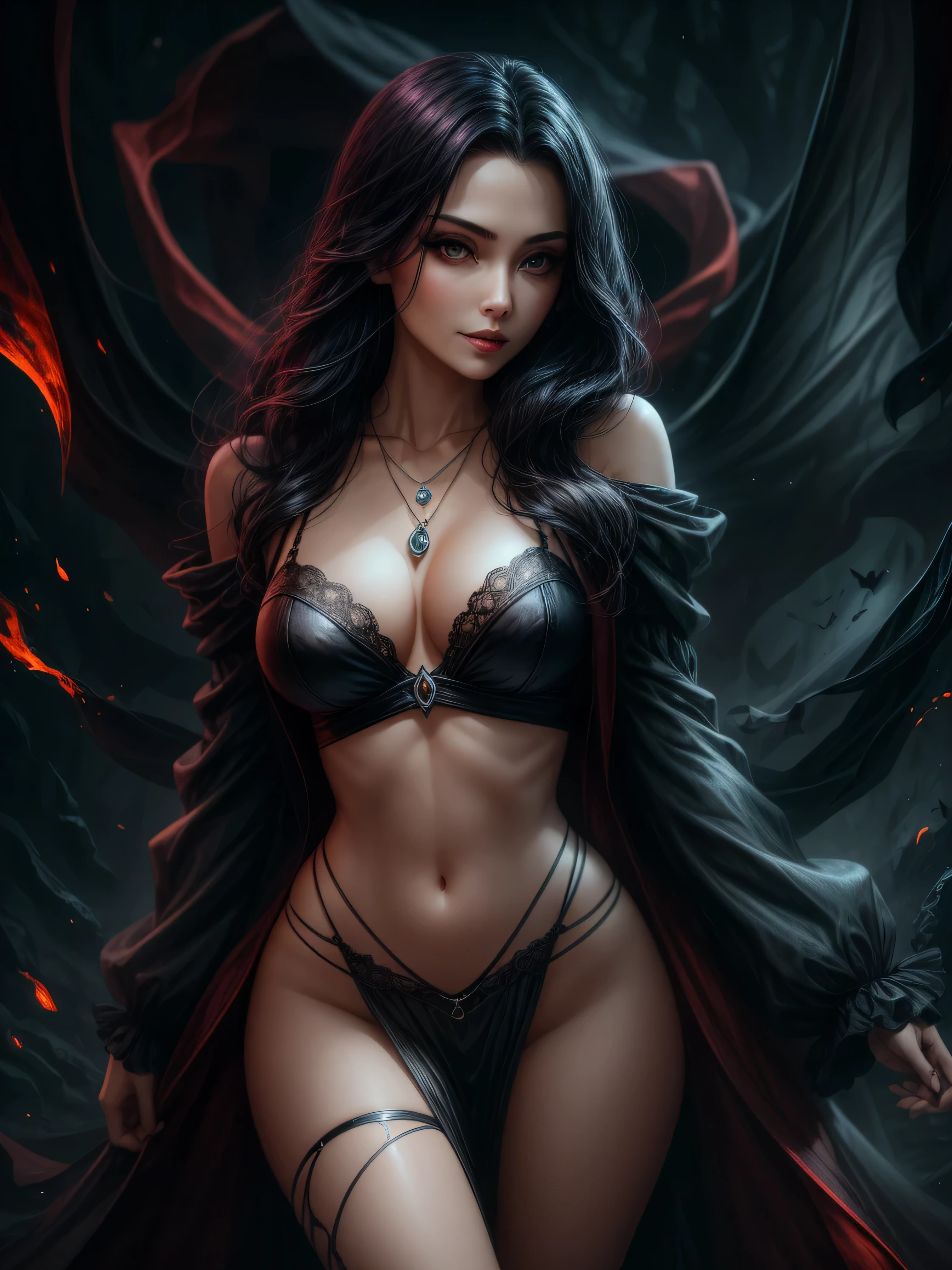 Gliding silently through the darkness of the night, a vampire of stunning beauty walks elegantly. Her slender, graceful body is wrapped in a long black dress, which flows in the wind as she moves. Her midnight-black hair falls in perfect waves over her pale, delicate shoulders. His eyes, intense and mesmerizing, glow with a deep shade of red, revealing his vampiric nature. She possesses fine, perfectly sculpted features, with seductive red lips and a mysterious smile. Around her neck, she wears a necklace adorned with a bat-shaped pendant, a symbol of her ancestral lineage. The Beautiful Full-Body Rogue is a being of power and seduction, capable of attracting anyone with her charm and beauty, but also holds dark secrets and a voracious appetite for blood."
