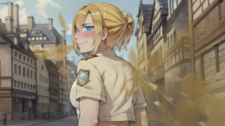 ((annie)),((velocity)),Attacked by farts, (((Women stand)),velocity, blue eyes,detailed eyes),(frowned),her butt facing screen,classic city streets)),((One Woman)),((girl wear a scout regiment outfit),((A girl smells a fart and smiled shyly )),((fart while stand)),((blushing)),(masterpiece:1.2、top-quality)、(the Extremely Detailed CG Unity 8K Wallpapers、ultra-detailliert、Best Shadows)、(细致背景)、(The best lighting、extremely delicate and beautiful)、depth of fields、1girl in、独奏 ,Women,((((Girl is embarassed when she farting)))),(profile facing diagonally)))),((massive fart))
