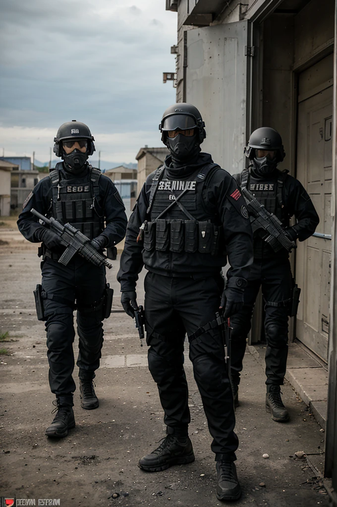 soldiers in full gear with weapons and helmets standing in front of a red building, airsoft cqb, french special ops, airsoft close quarter combat, cinematic —ar 16:9, tactical team in hell, future combat gear, wearing tactical gear, cinematic shot ar 9:16 -n 6 -g, special forces security, future soldier clothing, spec ops mask