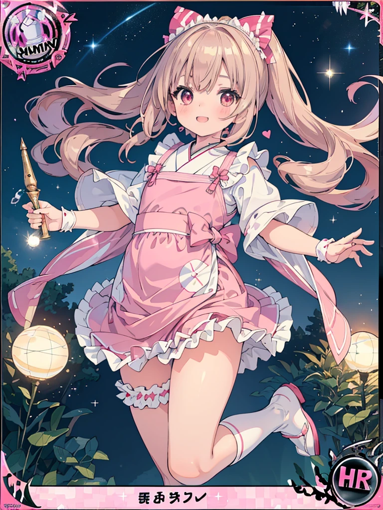 photo realistic, (masterpiece,best quality:1.4),(8k,raw photo,photo realistic:1.2),Not Safe for Work, detailed skin,detailed face,1girl,Japanese princess,cute face, super resolution,retro realistic details llustration,,{{{elaborate,intricately,fantastic,delicately,tremendous,meticulous,minute,incredibly,obsessed,artisan's,subtle,virtuoso,skillful,vibrant, vivid, complex}}}, clearly focus edge, fresh natural gradation, best quality, amazing quality, very aesthetic, absurdres, pubisure,
(RED frilled japanese clothes), ((RED frilled hakama short skirt)), frilled, (((Pink panties))), White frilled legwear, ankle boots, frilled choker, amulet, wrist cuffs, sash, frilled reg garter, cape, (((Holding a cute magic wand))), heart ring, ((long hair)), light brown hair, braid, brown eyes, straight hair, little girl, 14 years old, petite, cute, happy,((White ruffle apron)),diadems, (((jumping))), shimmering eyes, a smile, red blush, masterpiece, top-quality, not safe for work, Little Girl, child, baby face ,twinkle in the eye, flat chest,
yumekawa,yumekawaii,pastel color,(wonderland:1.3), rainbow, imagination, flame whirlpool, heart background, beam of light, glittering ball of light,(((trading card))),