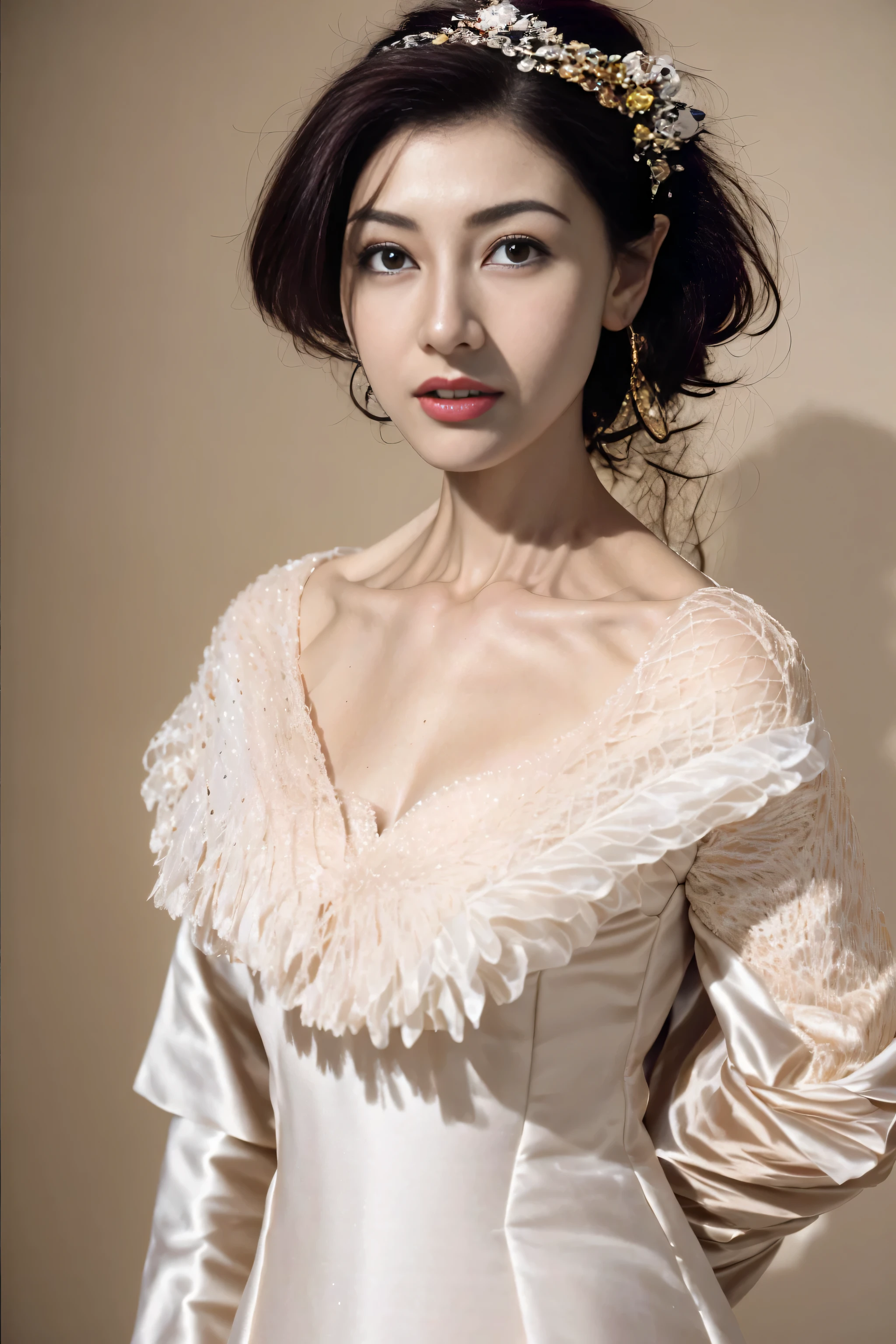 nice images, clear focus, Rembrandt&#39;perfect brown eyes, bright red lips, black hair, Home, Look head-on, full pose, wonderful faces.., look beautiful.., Elegant details in white dress, paisley gold design, my hair is more elegant., extra focus, Radiant face, Detailed face, 8K resolution, painted, Razumov style and Garmash style.