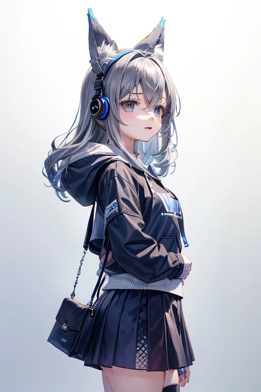 Teenage girl with long hair, wolf ears, wearing black hoodie and medium length skirt, blue eyes, grey background, wearing headphones, nervous