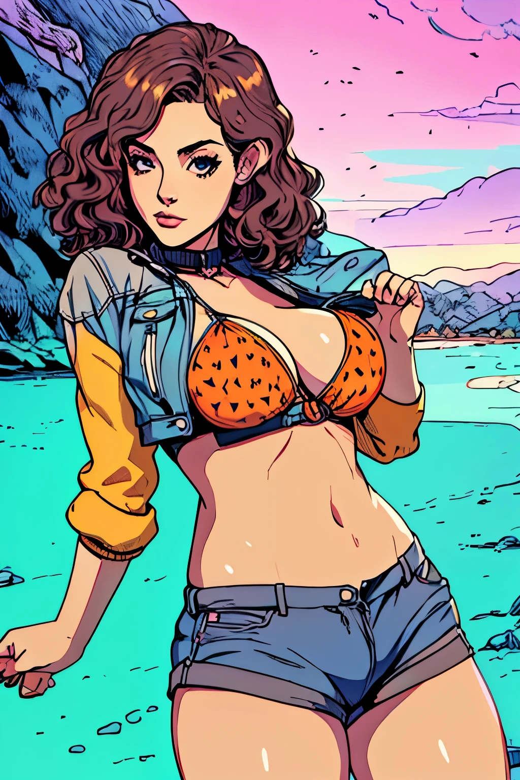 (masterpiece, best quality), young woman, perfect slim fit body, (huge breasts), big gorgeous eyes, soft smile, parted lips, detailed printed micro bikini top, fleece jacket, short shorts, pastel colors, detailed choker, wavy hair, santorini beach, late evening, excellent lighting, bright colors, clean lines, photorealistic