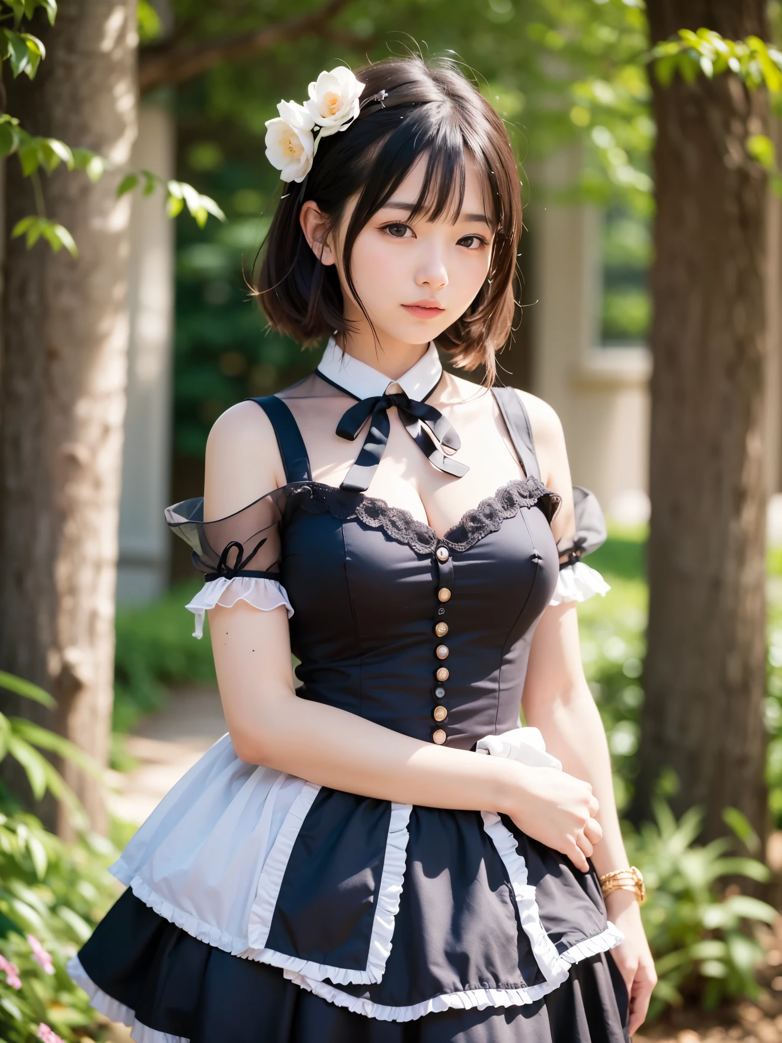 realistic, photo realistic:1.37), incredibly absurd, (Extremely detailed:1.3), 8K, (masterpiece), (highest quality:1.4), (ultra high resolution:1.2), (RAW photo:1.2), (unity 8K wallpaper), 1 nogizaka girl, So cute, (bishojo:1.35), (15 years:1.4), ((alice and the pirate fashion)), A delicate and beautiful face, eyes, and skin, blue rose hair accessories, medium breasts, Beautiful dress with delicate details, fine black curly hair, professional lighting, smile at the camera, cowboy shot, Petit Trianon Garden and Farm House, See the village and lake, super detailed background