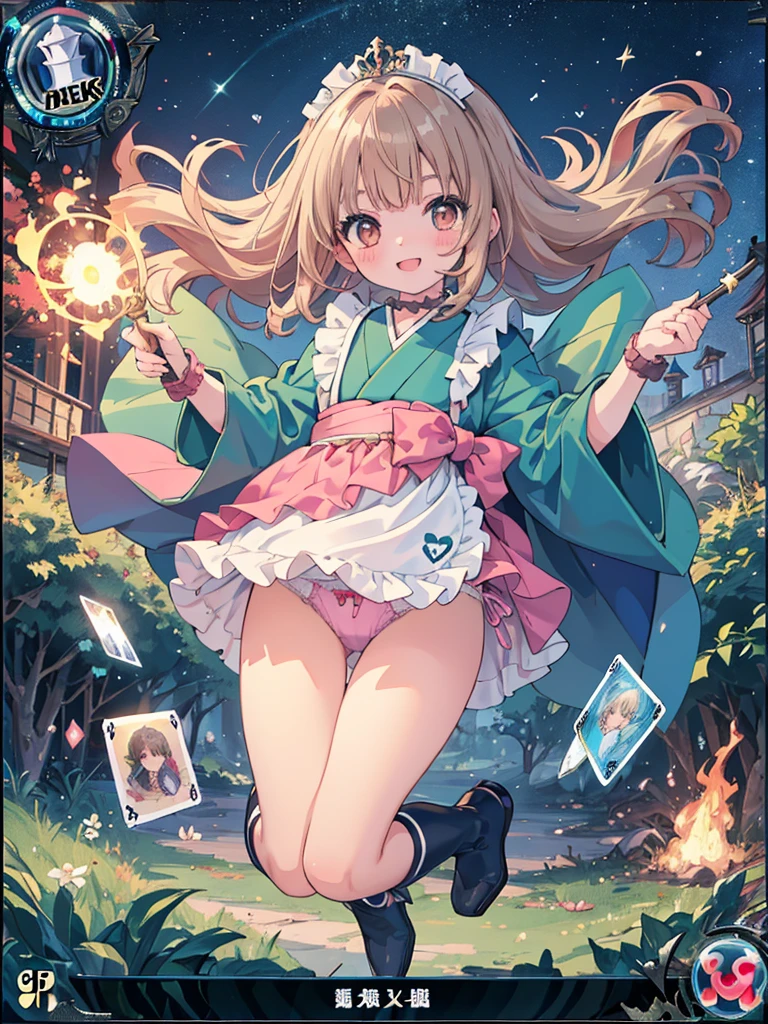 photo realistic, (masterpiece,best quality:1.4),(8k,raw photo,photo realistic:1.2),Not Safe for Work, detailed skin,detailed face,1girl,Japanese princess,cute face, super resolution,retro realistic details llustration,,{{{elaborate,intricately,fantastic,delicately,tremendous,meticulous,minute,incredibly,obsessed,artisan's,subtle,virtuoso,skillful,vibrant, vivid, complex}}}, clearly focus edge, fresh natural gradation, best quality, amazing quality, very aesthetic, absurdres, pubisure,
(RED frilled japanese clothes), ((RED frilled hakama short skirt)), frilled, (((Pink panties))), White frilled legwear, ankle boots, frilled choker, amulet, wrist cuffs, sash, frilled reg garter, cape, (((Holding a cute magic wand))), heart ring, ((long hair)), light brown hair, braid, brown eyes, straight hair, , 14 years olute, happy,((White ruffle apron)),diadems, (((jumping with both feet))), shimmering eyes, a smile, red blush, masterpiece, top-quality, not safe for work, Little Girl, child, babnkle in the eye, flat chest,
yumekawa,yumekawaii,pastel color,(wonderland:1.3), rainbow, imagination, flame whirlpool, heart background, beam of light, glittering ball of light,(((trading card))),