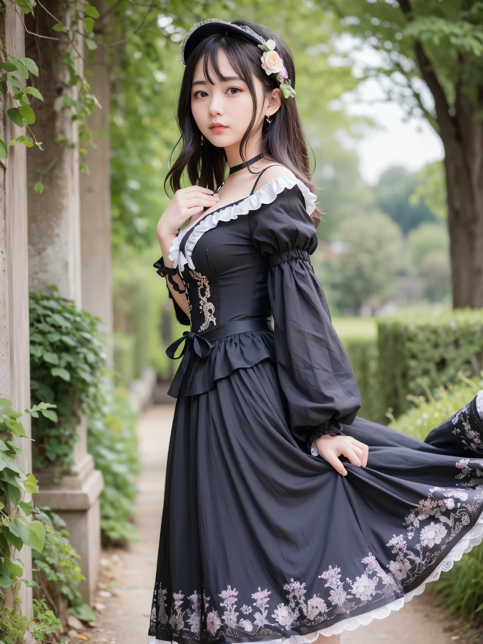 realistic, photo realistic:1.37), incredibly absurd, (Extremely detailed:1.3), 8K, (masterpiece), (highest quality:1.4), (ultra high resolution:1.2), (RAW photo:1.2), (unity 8K wallpaper), 1 nogizaka girl, So cute, (bishojo:1.35), (15 years:1.4), ((alice and the pirate fashion)), A delicate and beautiful face, eyes, and skin, blue rose hair accessories, medium breasts, Beautiful dress with delicate details, fine black curly hair, professional lighting, smile at the camera, cowboy shot, Petit Trianon Garden and Farm House, See the village and lake, super detailed background