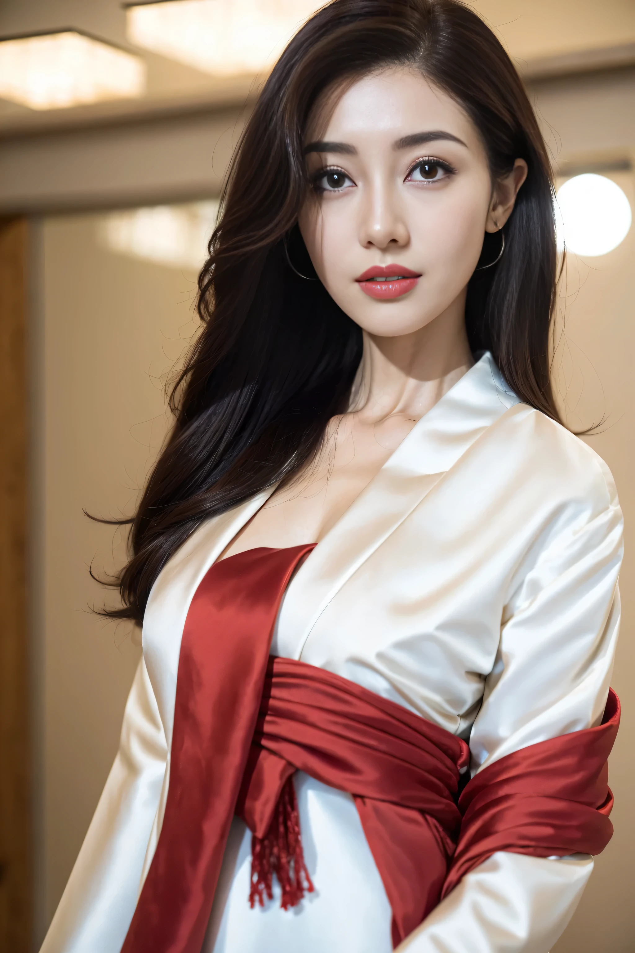 nice images, clear focus, perfect brown eyes, bright red lips, Long hair with a shawl, Home, Look head-on, full pose, wonderful faces.., look beautiful.., Elegant white casual wear, extra focus, Radiant face, Detailed face, 8K resolution,