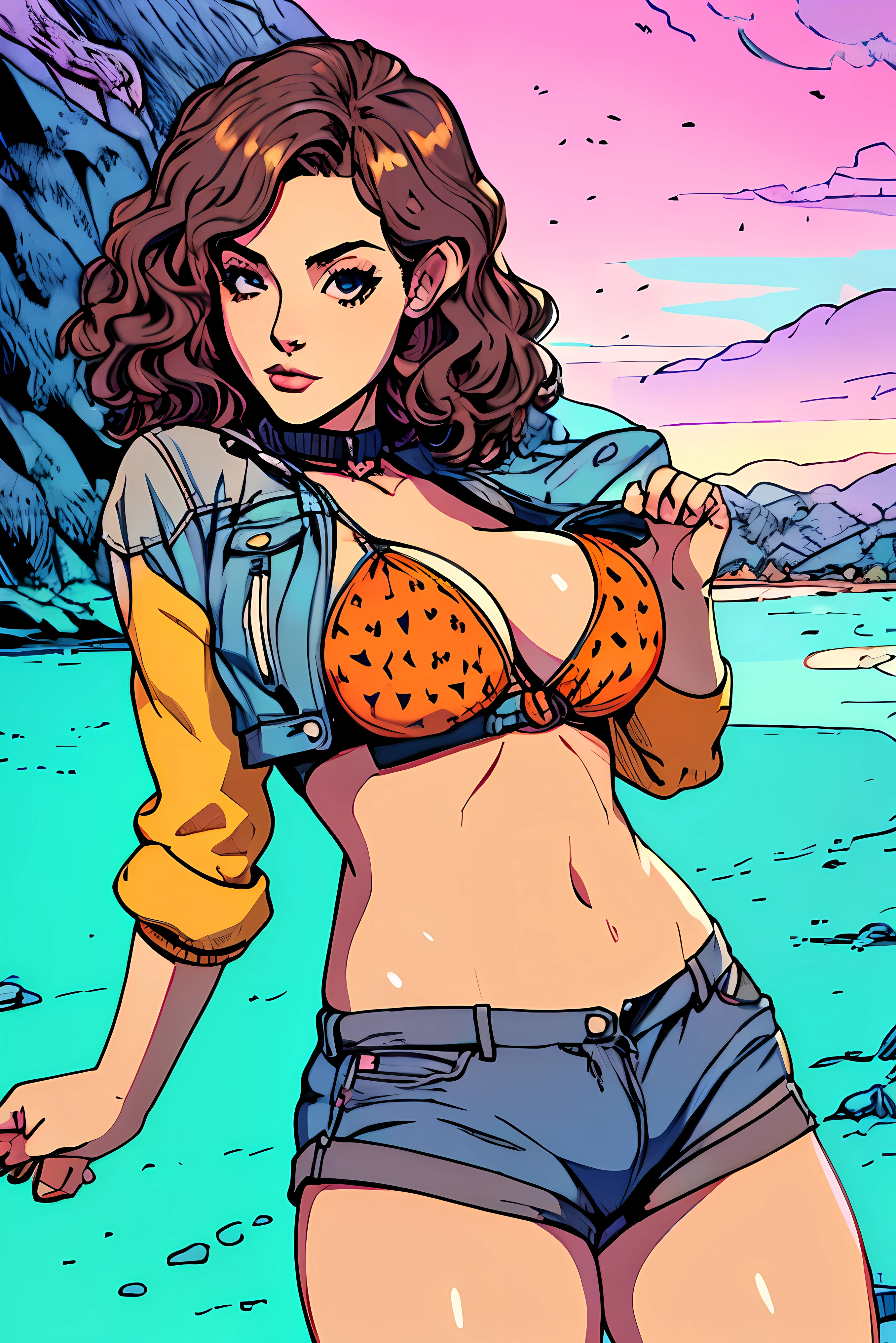 (masterpiece, best quality), young woman, perfect slim fit body, (????????????), big gorgeous eyes, soft smile, parted lips, detailed printed micro ?????? top, fleece jacket, short shorts, pastel colors, detailed choker, wavy hair, santorini beach, late evening, excellent lighting, bright colors, clean lines, photorealistic